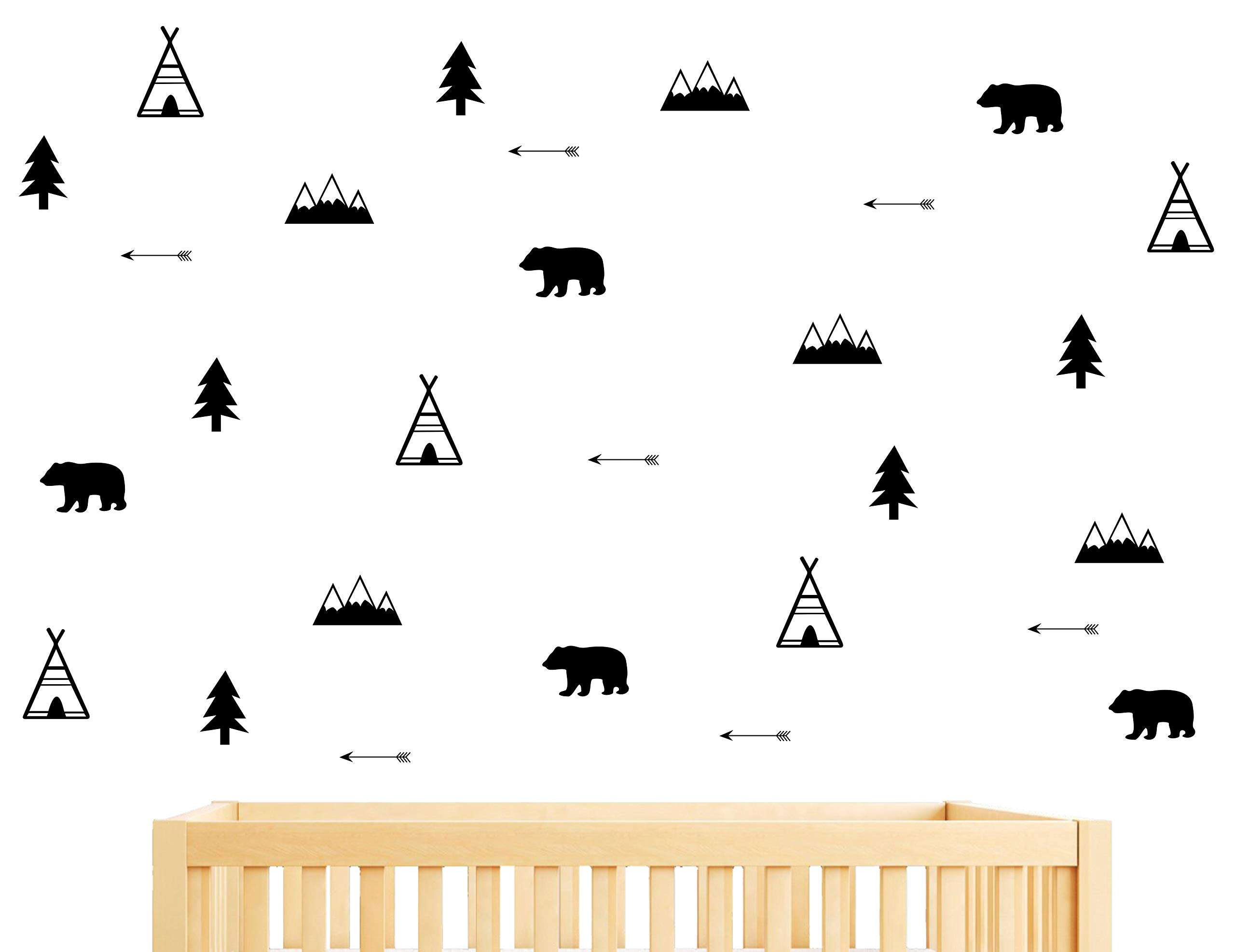 Woodland Wall Decal, Bears, Arrow, Teepees, Trees and Mountains Decor, Matte Vinyl Wall Stickers for Baby Bedroom, Nursery Wall Decals(Y05) (Black) 1
