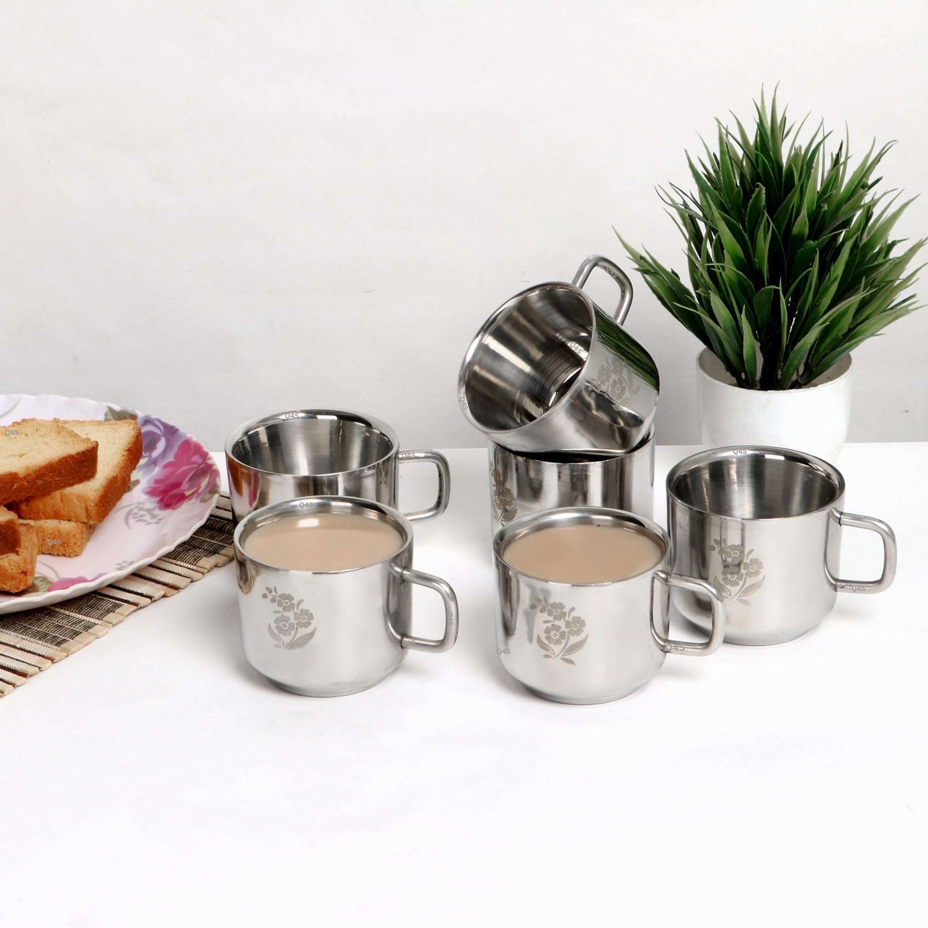 Q4S Stainless Steel Double Wall Tea Cups – Pack of 6, 100ml Each, Gloss Finish, Silver Color, Flower Print, Heat-Resistant, 6 cm Height x 7 cm Diameter – Ideal for Hot Beverages 6