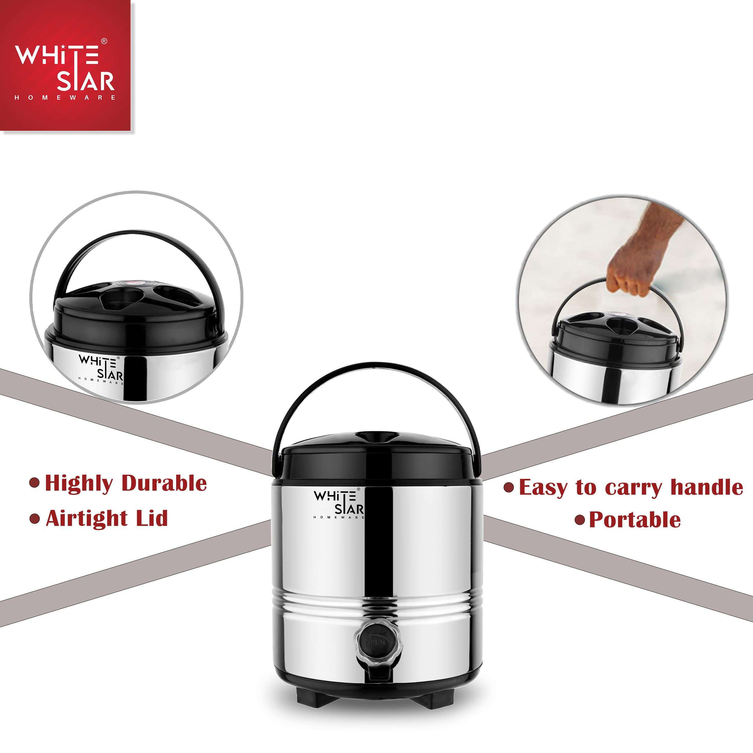 WHITESTAR Stainless Steel Office Water Dispenser 5 Liters of Water Storage Containers with Leak-Proof Tap I Hot and Cold Water Camper/Jug I PUF Insulated Thermosteel I Easy to Carry & Maintain 6