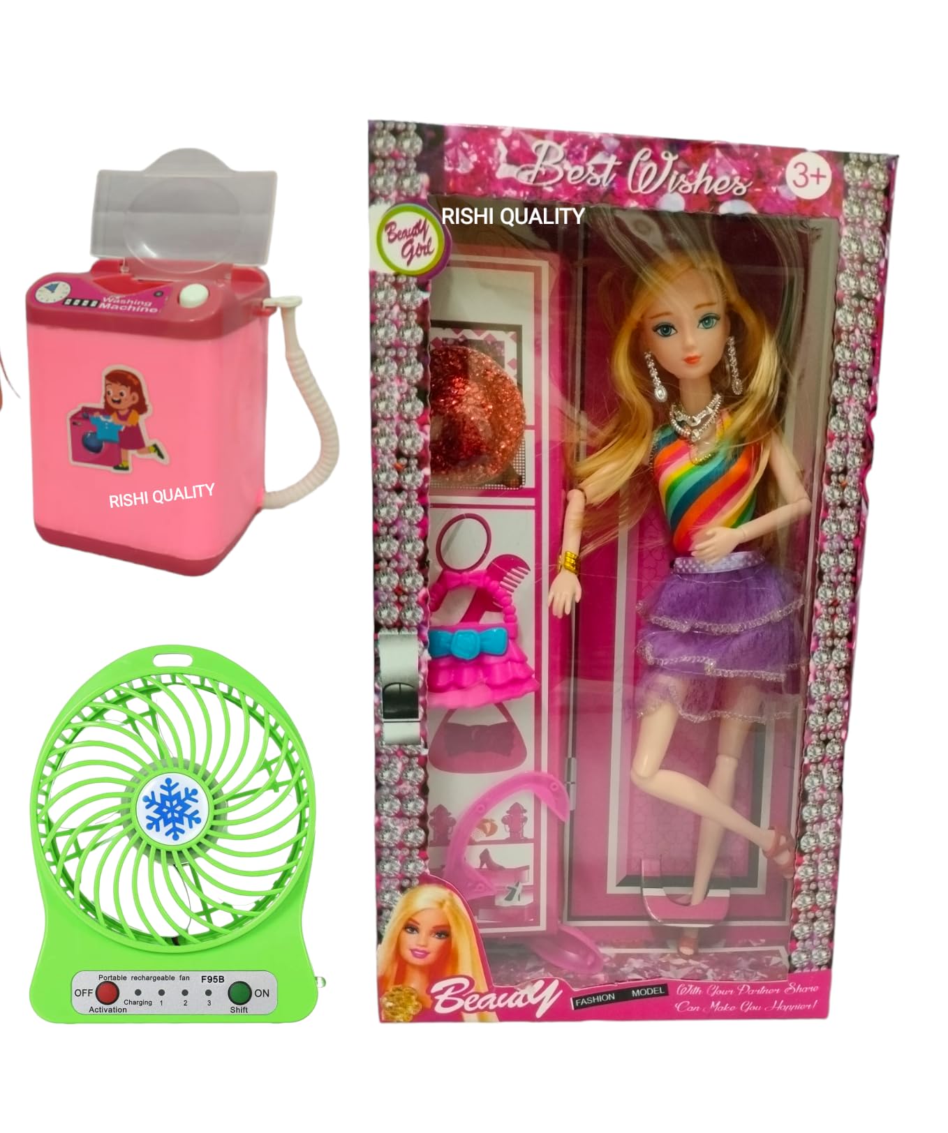 RISHI QUALITY Beautiful Doll Set Toy with Moveable Arms, Legs for Girl. Doll with Accessoires Washing Machine and Fan for Playing. Birthday, Wedding, Rakshabandhan Gift. (Doll Set with Accessoires) 1