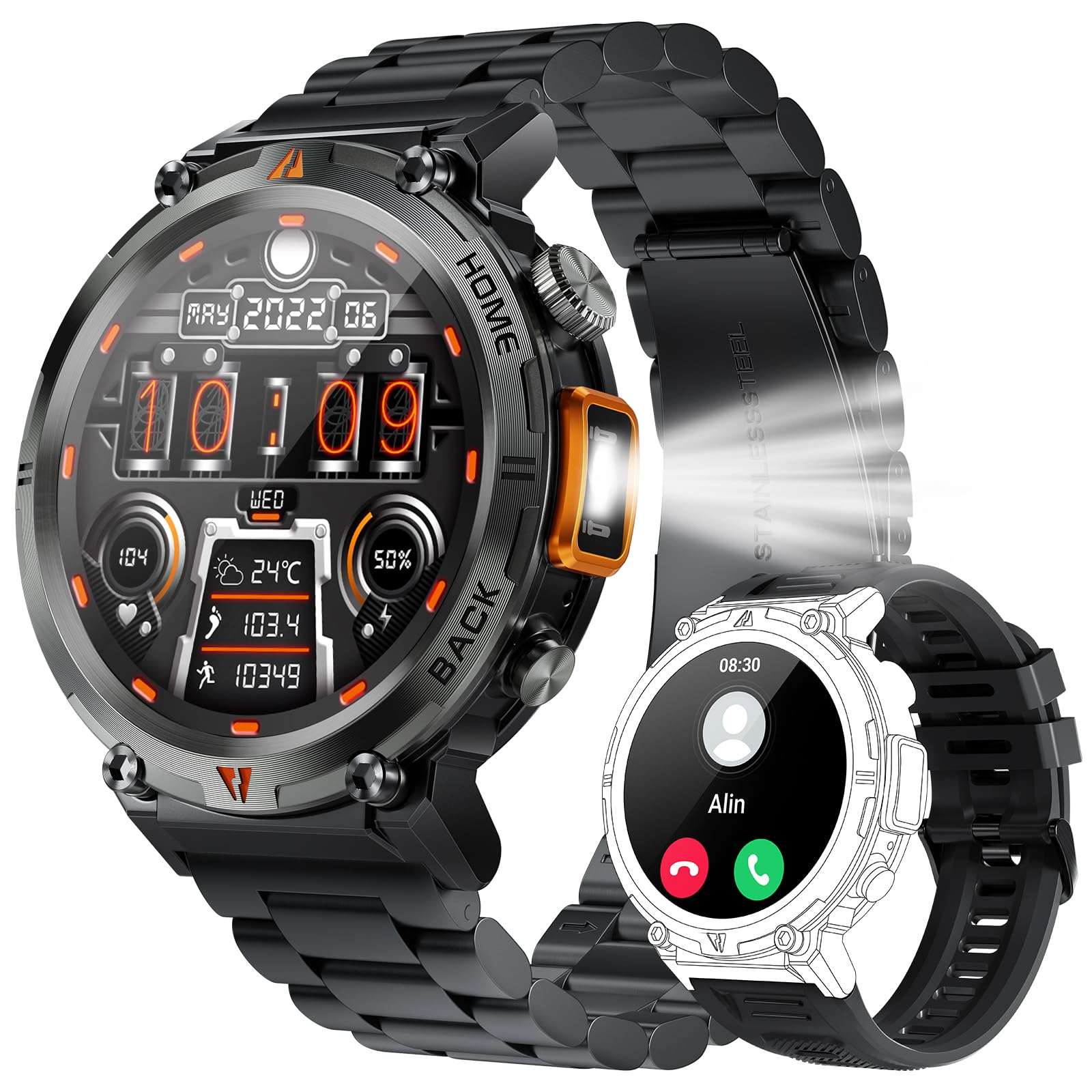 Military Smart Watch for Men 3ATM Waterproof Tactical Rugged Smart Watch with Bluetooth Call Flashlight 1.45" Big Screen Fitness Tracker Heart Rate Sleep Monitor Sports Smartwatch for iPhone Android 1