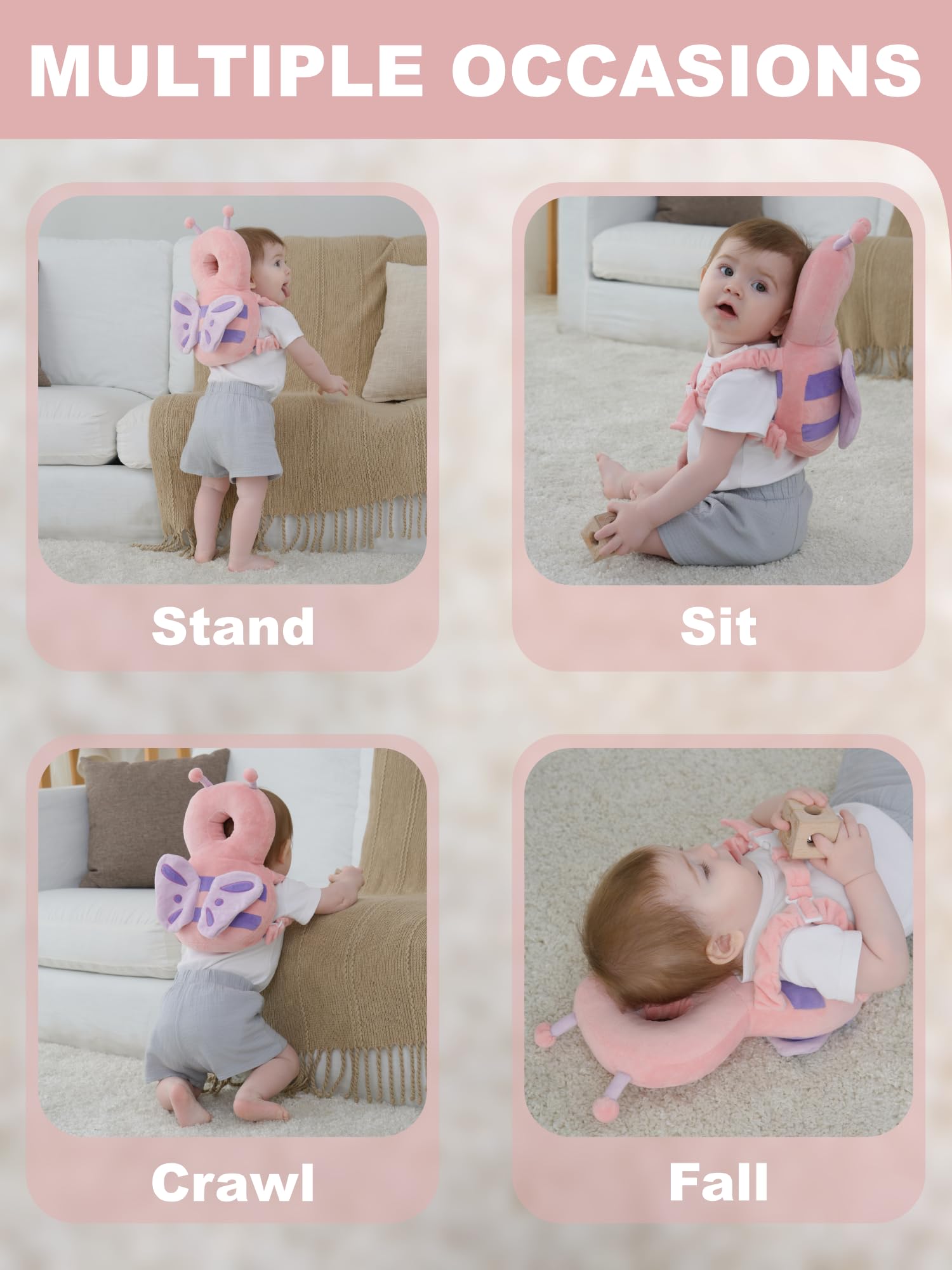 Baby Head Protector Backpack with Safety, Toddler Adjustable Head Protection for Baby Walking and Falling Crawling, 0.5-3 Years 6-36 Months, Pink Butterfly 5