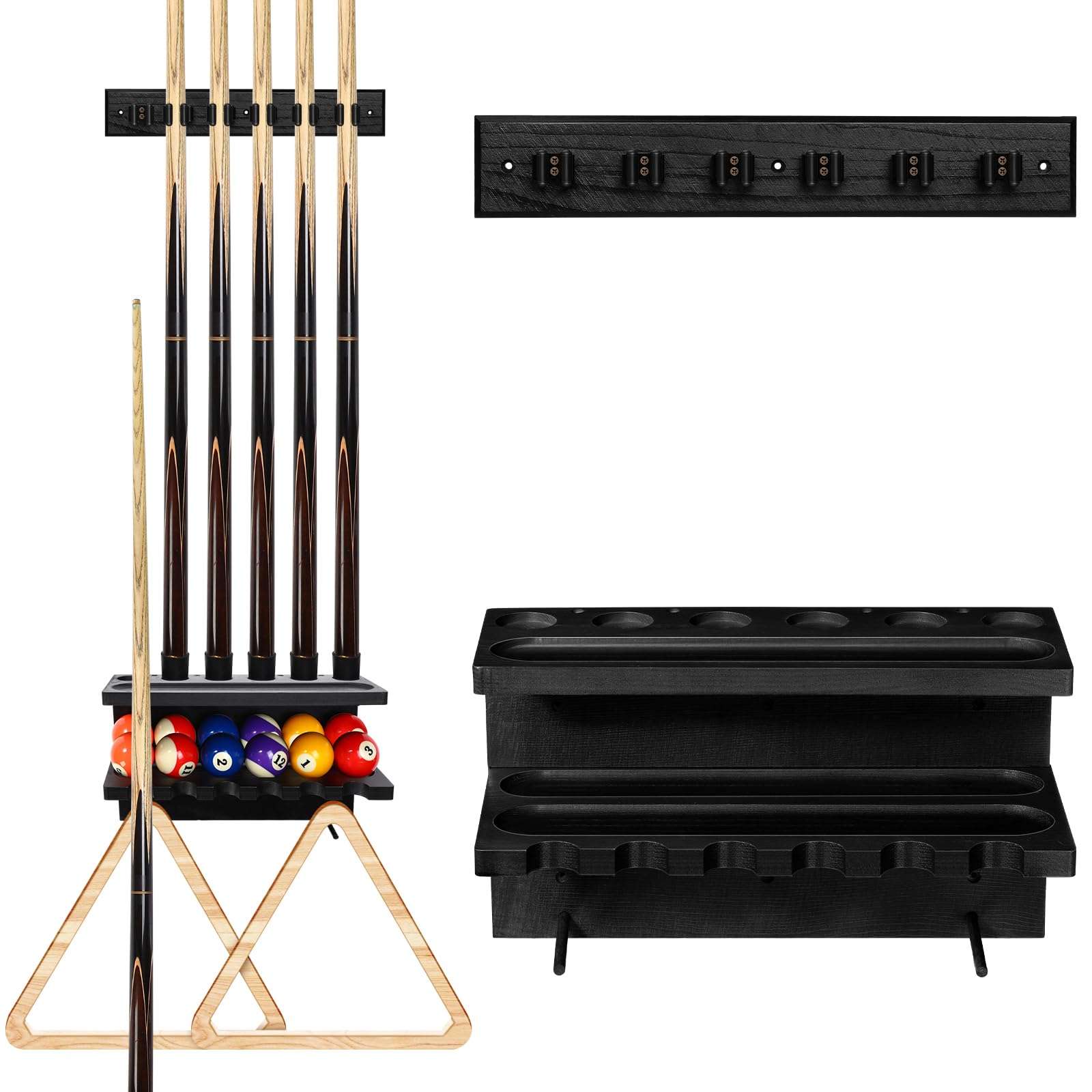 Relaxgiant Wall Mount Pool Stick Holder Billiards Pool Cue Rack Pine Wood Wall Mount Holds 6 cues and Full Ball Set Pool Table Accessories Equipment Organizer for Billiard Room, Bar, Club (Black) 1