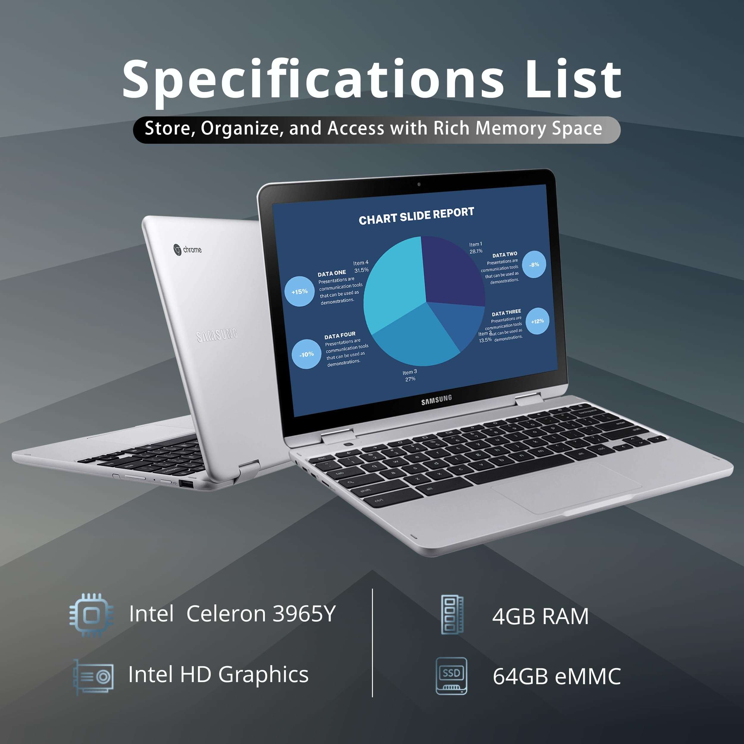 SAMSUNG Plus V2 2-in-1 12.2" Touchscreen Chromebook Laptop, Intel Celeron 3965Y, 4GB RAM, 64GB eMMC, 1M Front Camera, Wi-Fi, Bluetooth, MicroSD Reader, Stylus Pen, Chrome OS, Silver, 128GB USB Card 2