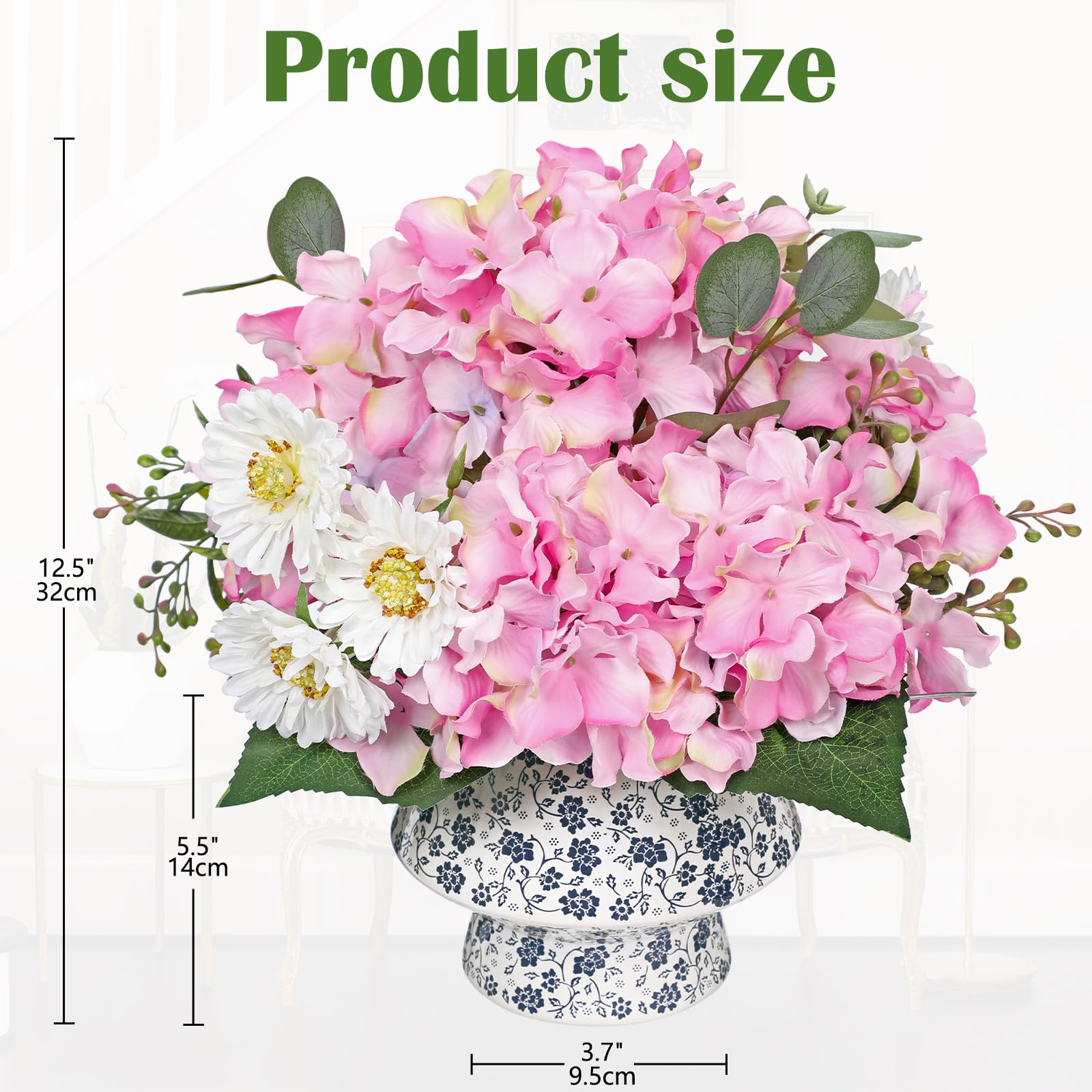 Briful Hydrangea Artificial Flowers Mixed Daisy Eucalyptus Leaf Berries Fake Flowers, Large Blue and White Ceramic Vase Realistic Silk Flowers Bouquet for Home Decor Wedding Farmhouse, Pink Purple 4