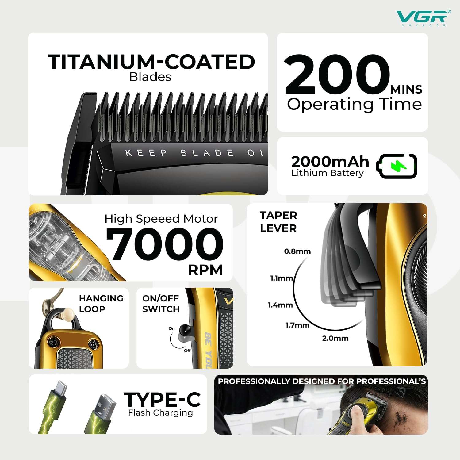 VGR VL-786 Professional Hair Clipper for Men & Salons | Cord & Cordless | Titanium Blades | LED Display | Taper Lever | 6 Guide Combs | 200 min Long Runtime | Fast Charging | 1+1 Year Warranty | Gold 3