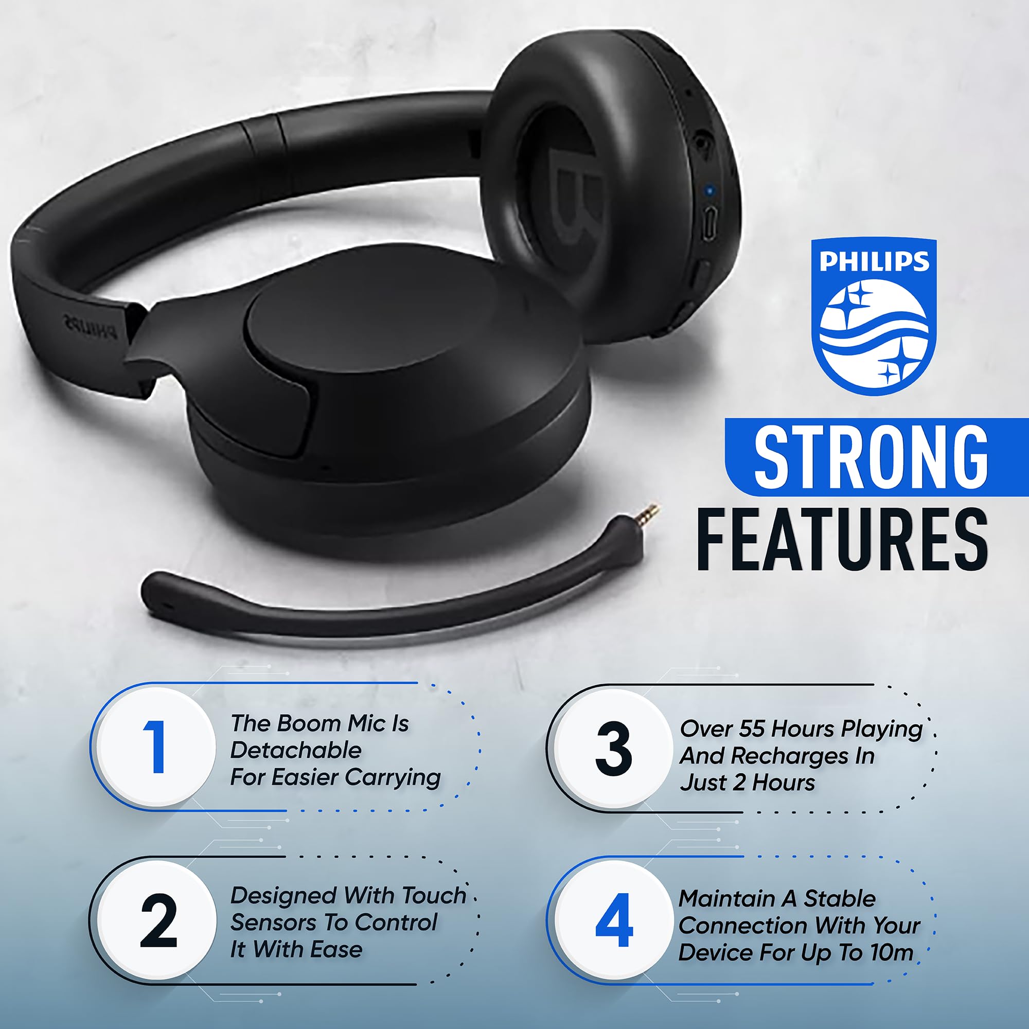 Philips Wireless Headphones Noise Cancelling, Stereo Over Ear Wireless Headphones with Removable Mic, Bluetooth Headset with Microphone, Lightweight and Touch Control, 55 Hours Playtime 6