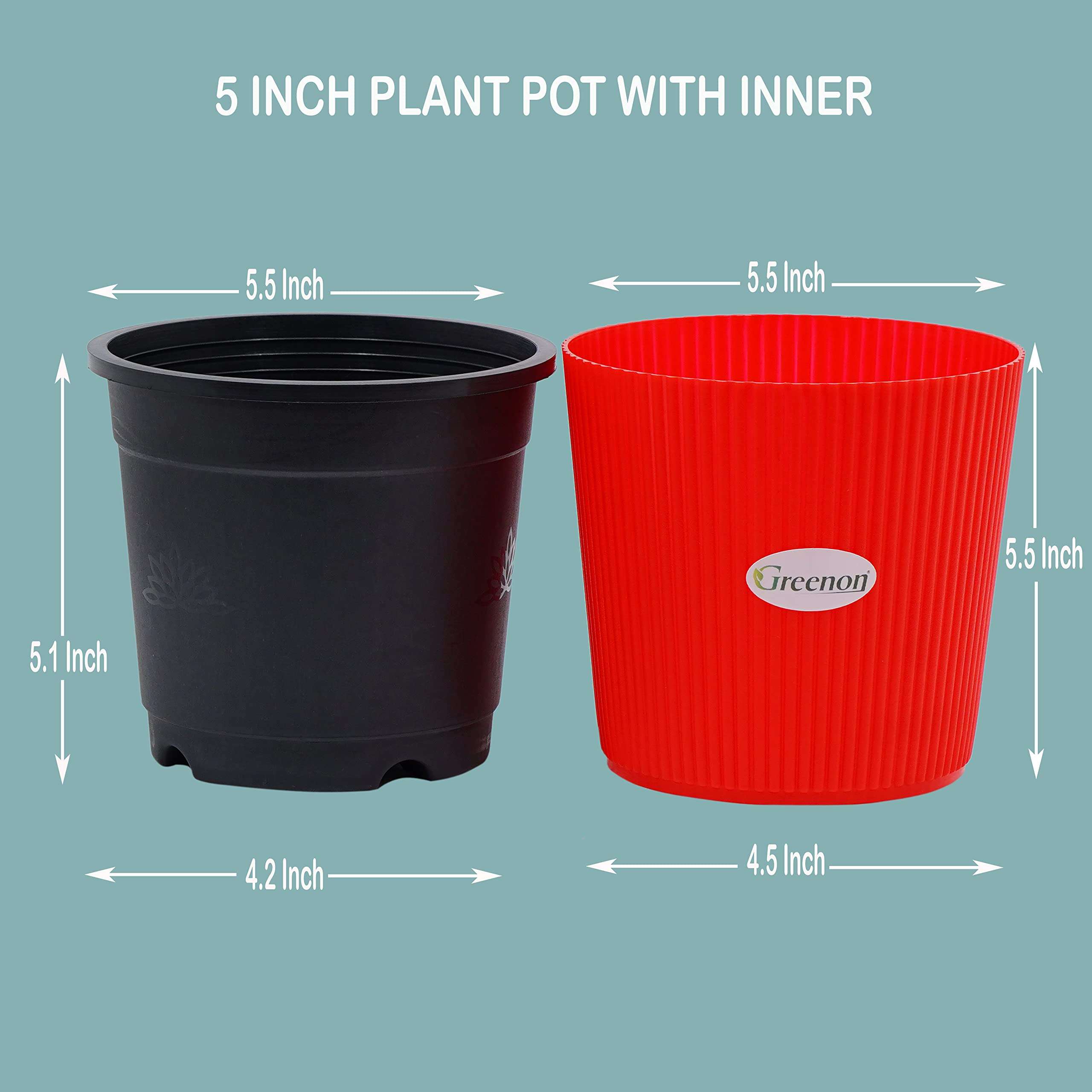 GREENON 5 Inch Small Plant Pot | Pack of 5 | Self Water | Red Outer and Black Inner | Best for Countertop and Tabletop, Balcony | Non-Fadable Planter | Virgin Plastic Gamla | RED 5 3