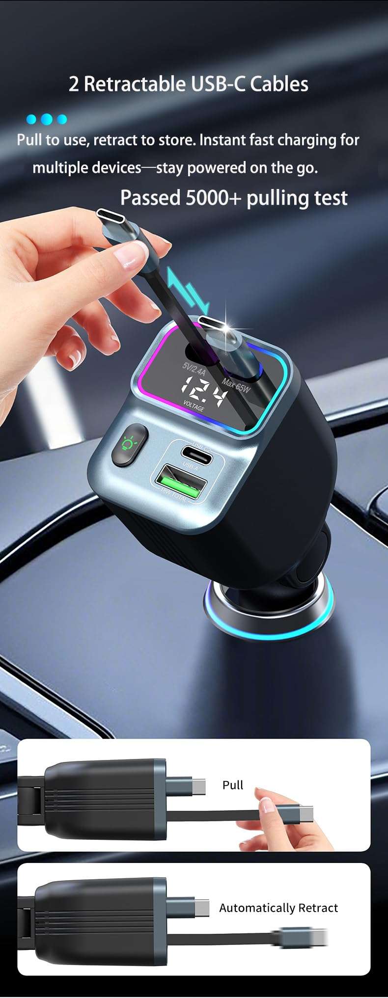 Retractable 32" Cord,83W Car Charger Adapter with PD 65W Type-C Cable, 4-in-1 Fast and Safe Charging, Zero Risk to Car & Device, Battery Voltage Display, Ambient Light, USB-C USB-A, for Phone, Tablet 3