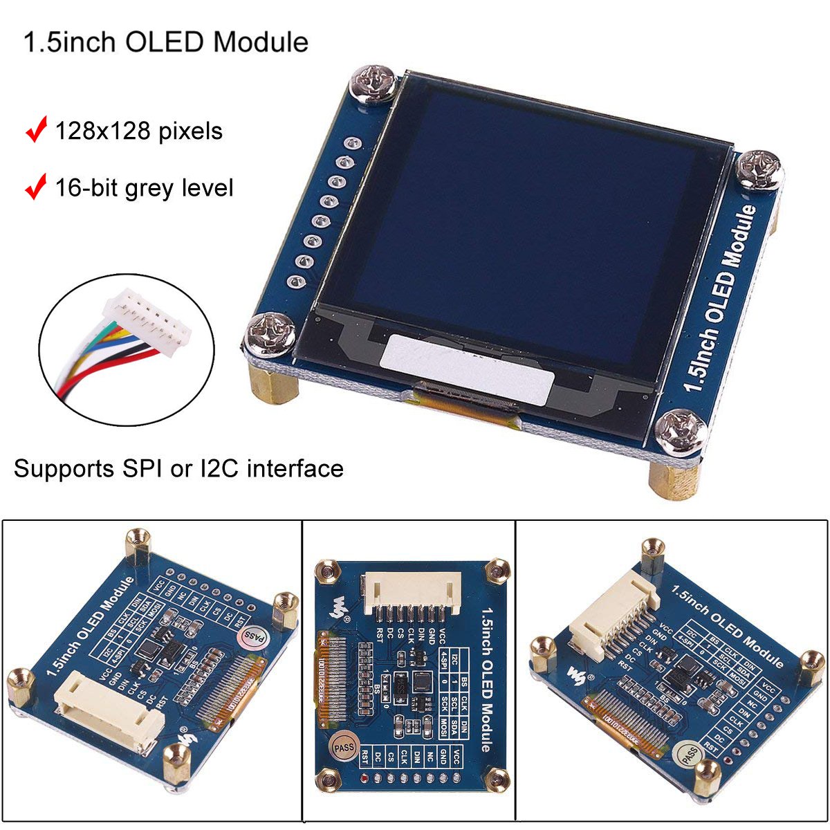 MakerFocus I2C OLED Display Module 1.5inch OLED Module 128x128 Pixel SSD1327 with SPI/I2C Interface DC 3.3V / 5V, 16-bit Grey Level and Internal Controller for Ar duino/Raspberry/Jetson Na no/STM32 2