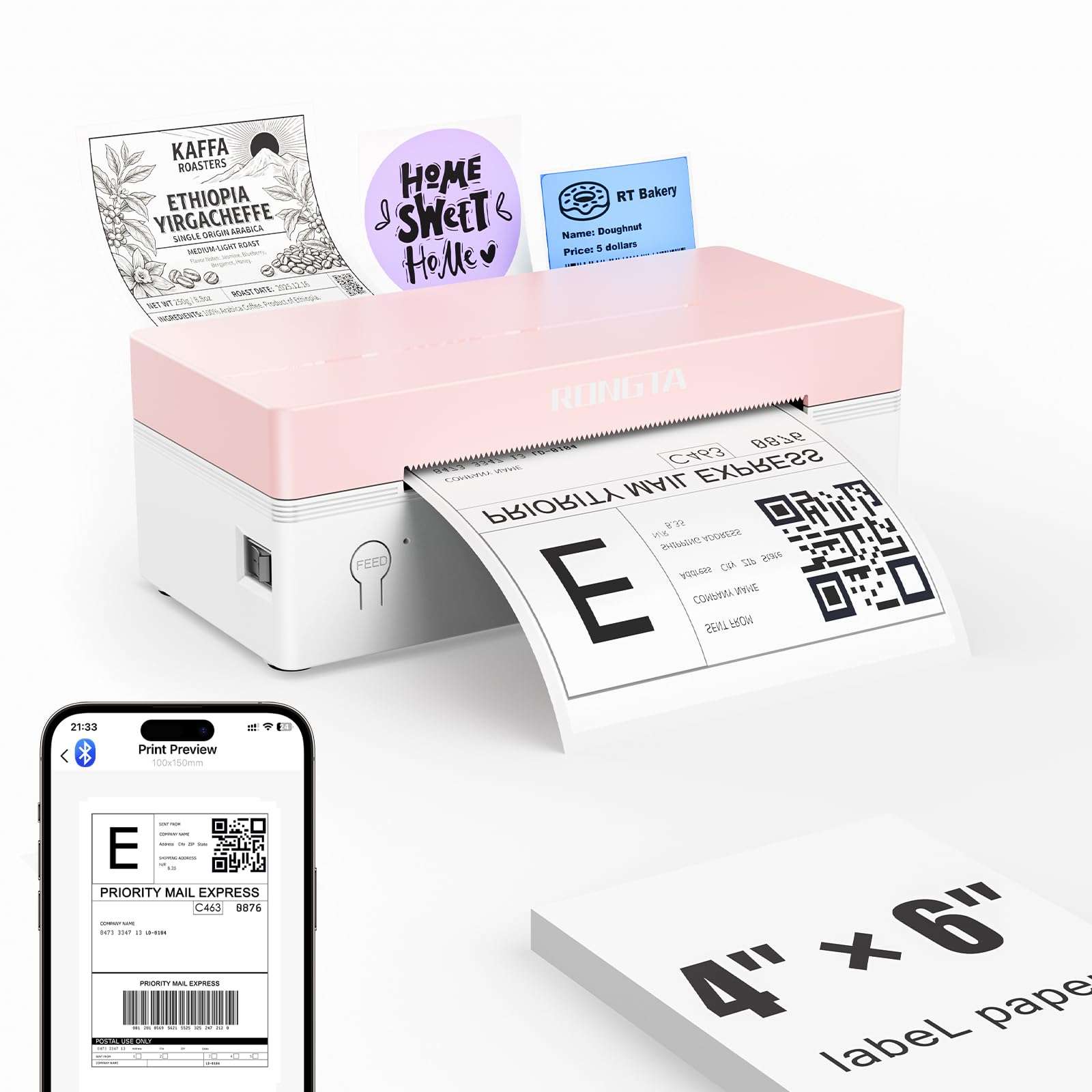 Rongta 4x6 Bluetooth Thermal Label Printer, Wireless Shipping Label Printers for Shipping Packages Small Business Office or Home, Compatible with iPhone Android iPad macOS Windows, Pink 1
