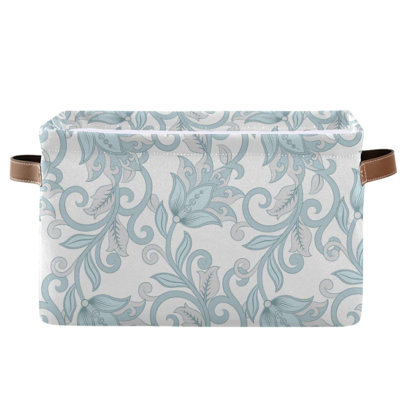 Kcldeci Floral Damask Style Blue White Flower Pattern Baskets for Organizing, Decorative Storage Boxes for Shelves, Rectangle Closet Baskets Box, Foldable Sturdy Storage Basket with Handle for Nurse 1