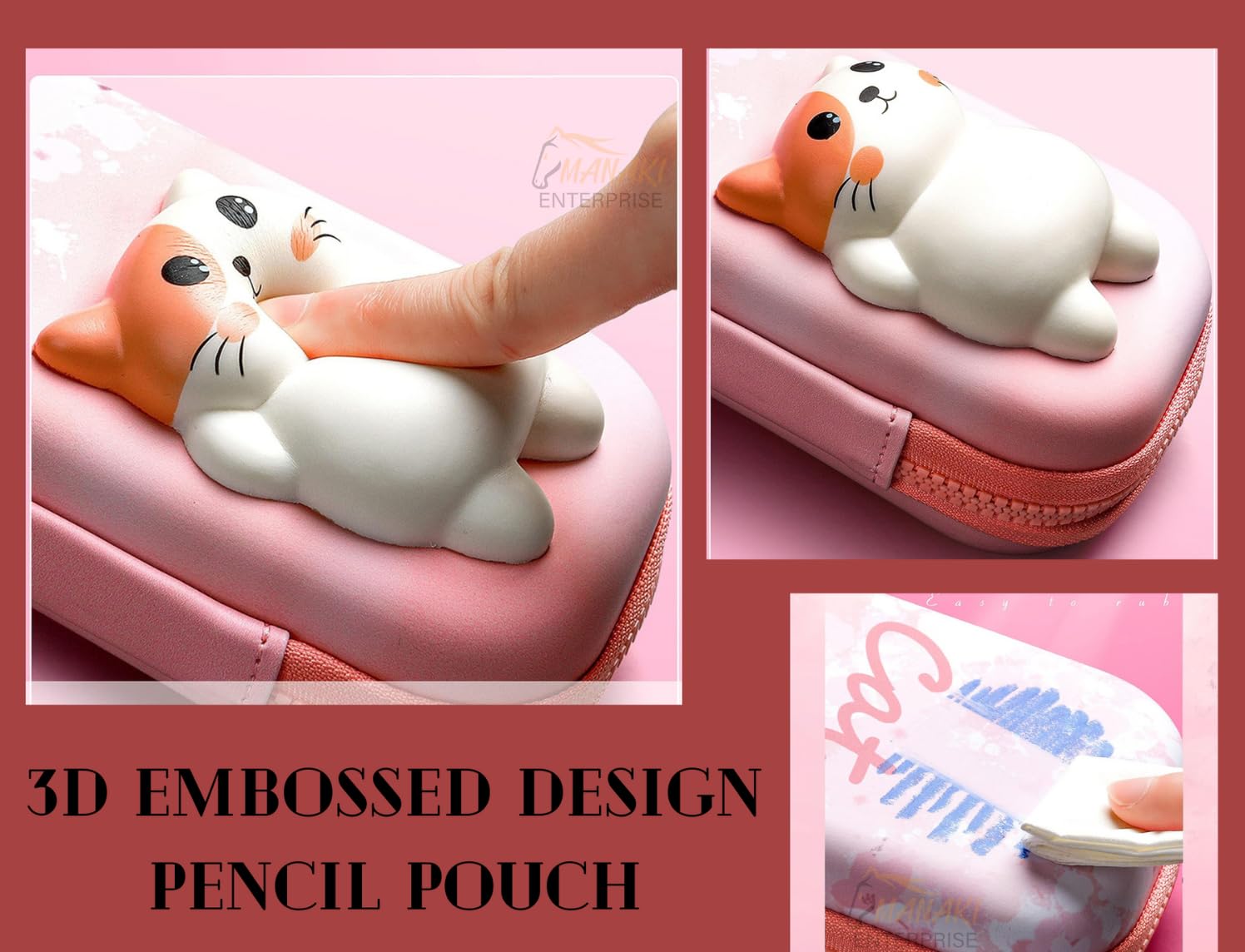 MANAKI ENTERPRISE Polyester Pencil Case, Cute Cartoon Pencil Pouch, 3D Embossed Design, Novelty Pencil Case Gift For Students Kids (Cat Pink Small) 4