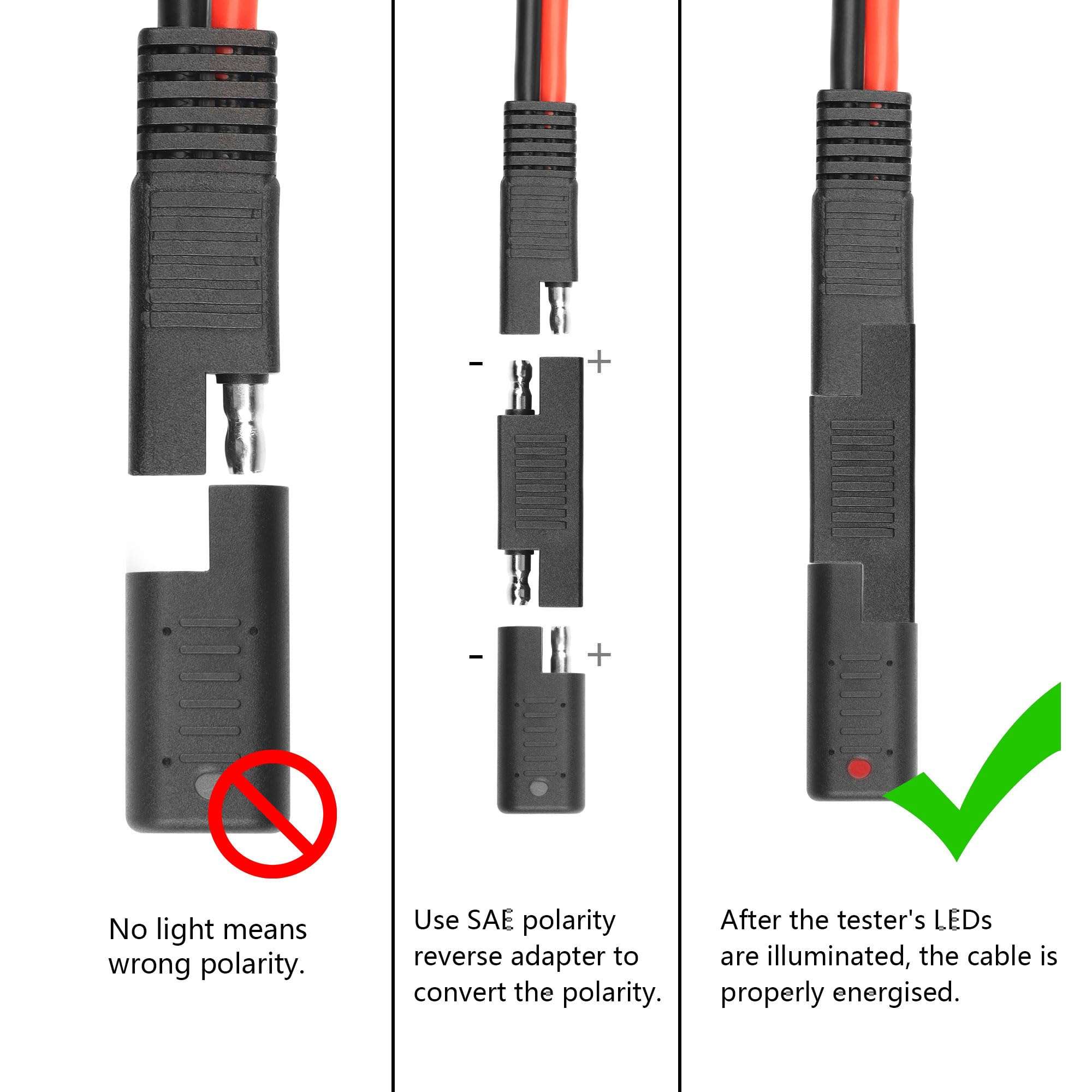 CERRXIAN SAE Short Circuit Connector with LED Indicator, SAE Polarity Reverse Adapter, SAE Power Cord Tester Quick Disconnect Connector Solar Panel Panel SAE Plug Detector 3