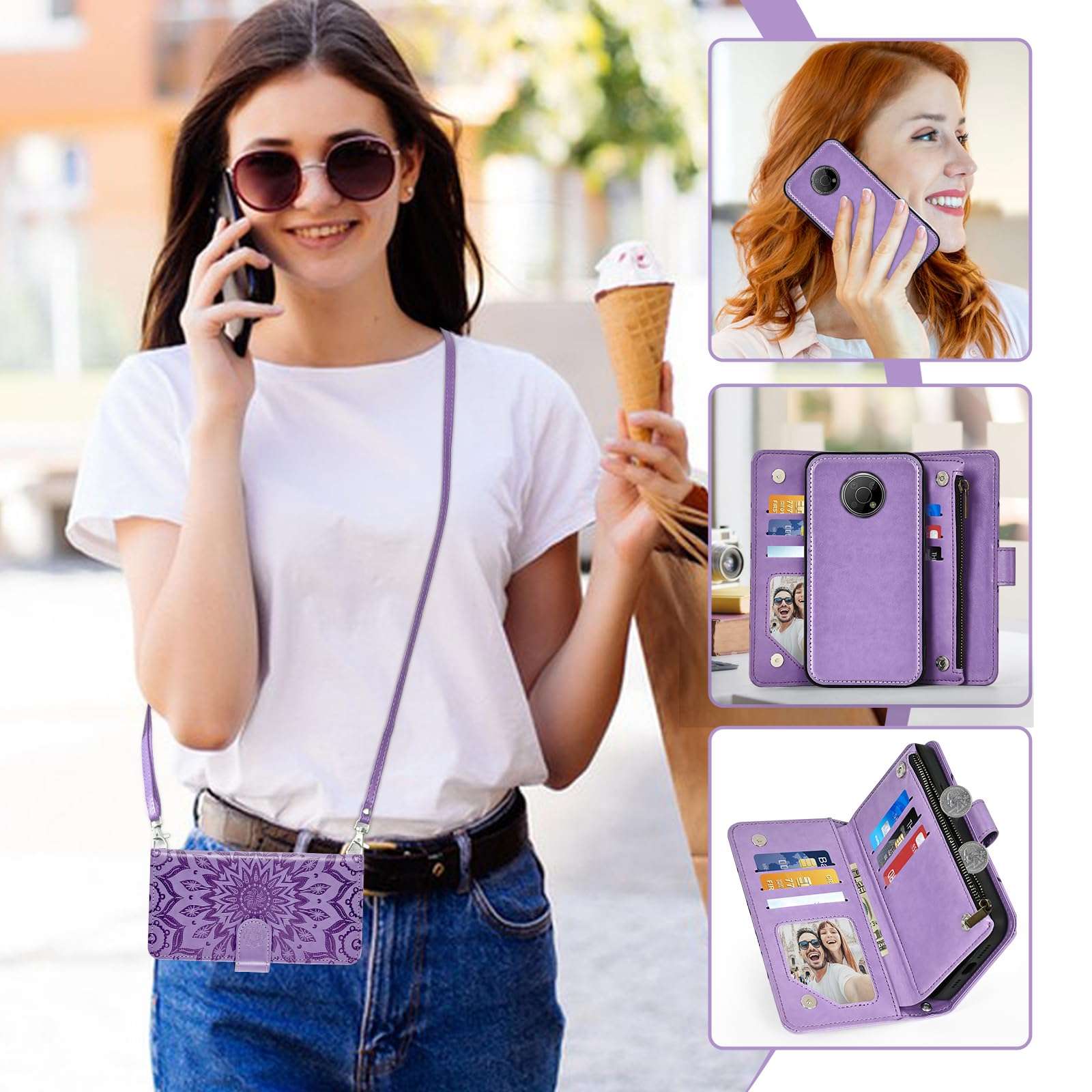 Asuwish Phone Case for Nokia G300 5G N1374DL Zipper Wallet Magnetic Detachable Cell Cover with Screen Protector Crossbody Lanyard Strap Flip Card Holder Slot NokiaG300 G 300 300G 2021 Women Purple 6
