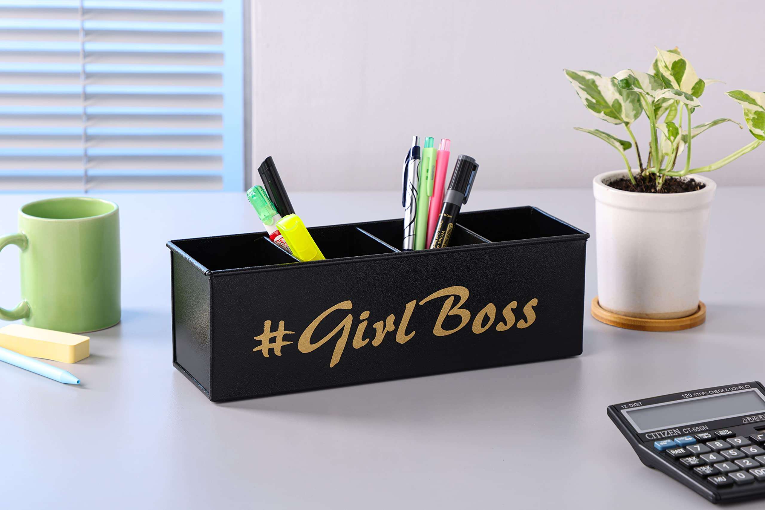 DUDKI HOME QUINTESSENTIALS 4 Compartments Pen Holder and Makeup Stand - Gift Office Desk Accessories Décor Storage Multi-functional Pen Organizer for Countertop Desk 3