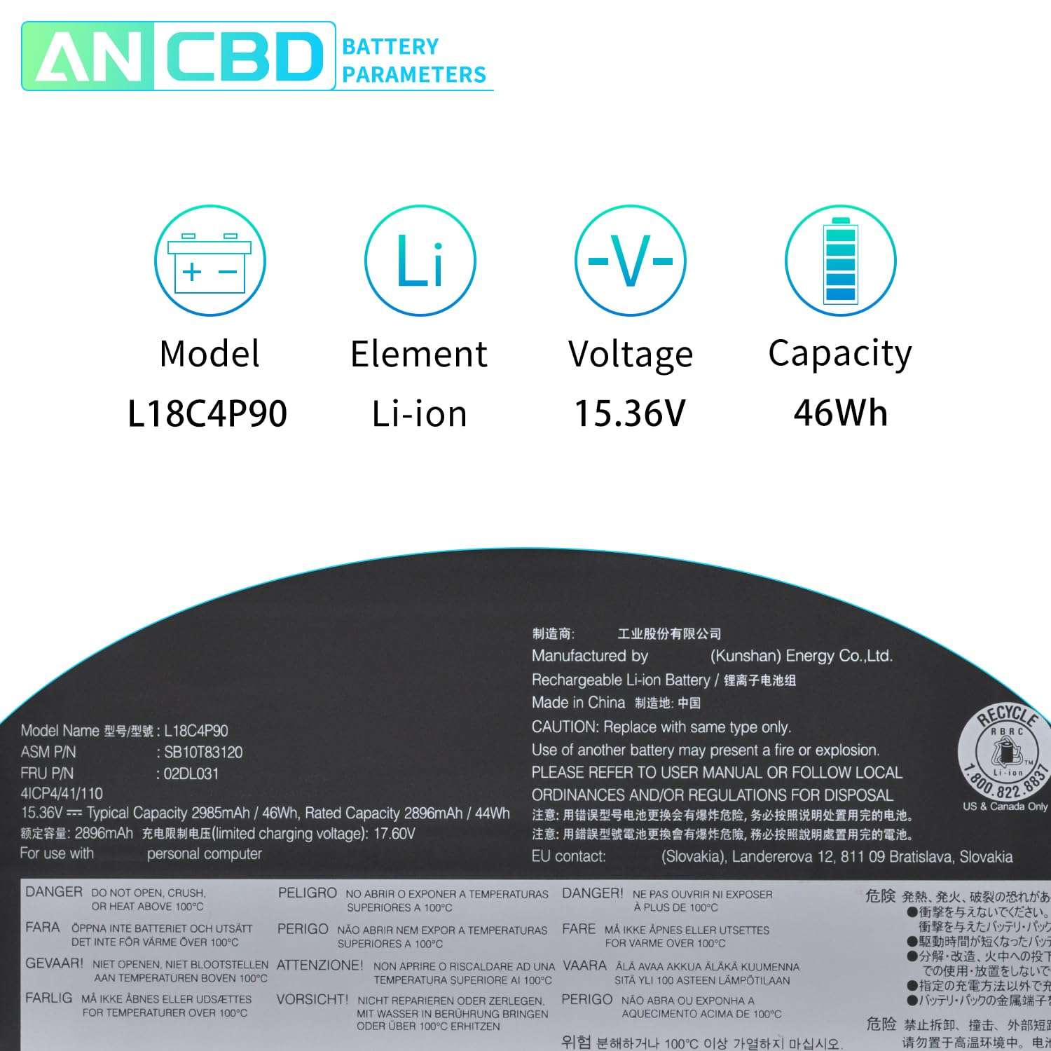 ANCBD L18C4P90 L18D4P90 Battery for Lenovo ThinkPad L13 Yoga 1st 2nd Gen 20R5 20R6 Series L18M4P90 SB10T83119 SB10T83120 5B10W13933 5B10W13934 5B10W13935 02DL030 02DL031 02DL032 15.36V/46Wh 4-Cell 2