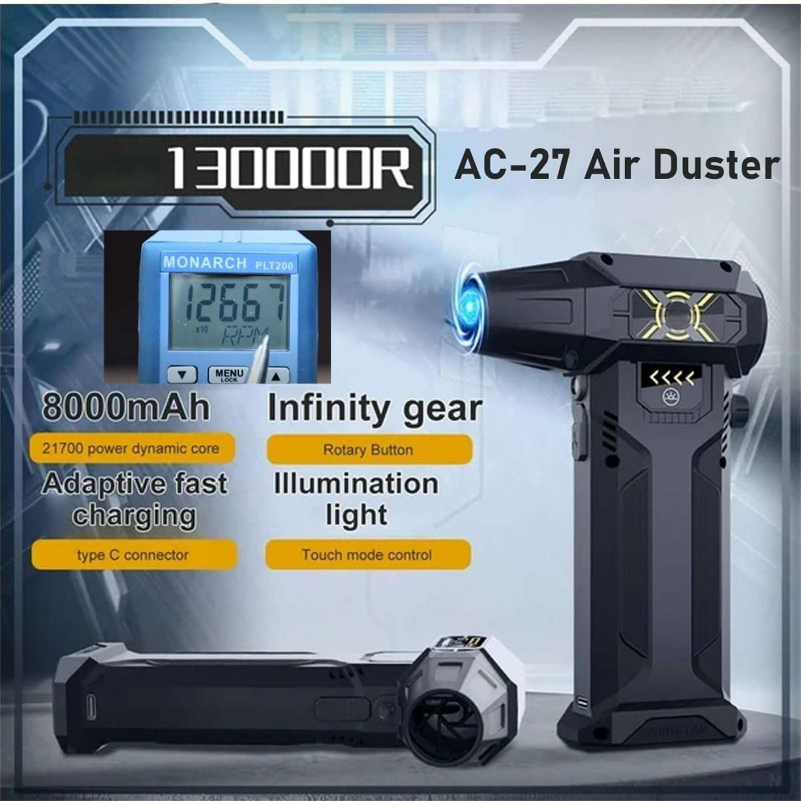 Ac-27 Air Duster, 2025 Upgraded 130000rpm Electric Air Duster, Ac-27 Duster, Ac-27 Turbo Fan, Ac-27 Blower, Car Dryer Air Blower, Rechargeable Cordless 120w High Power Air Duster for Computer Outdoor 3
