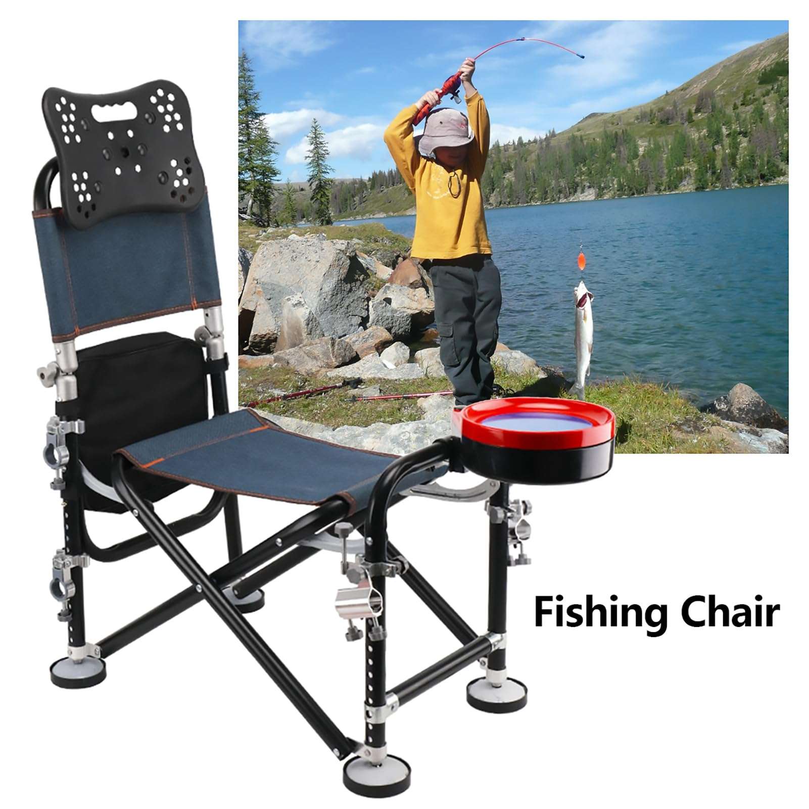 Tuelaly Portable Folding Fishing Chair with Rod Holder, Adjustment Fishing Chair with Backrest,Heavy Duty Camping Chair for Fishing Camping or Leisure,Support 300 LBS Black 5