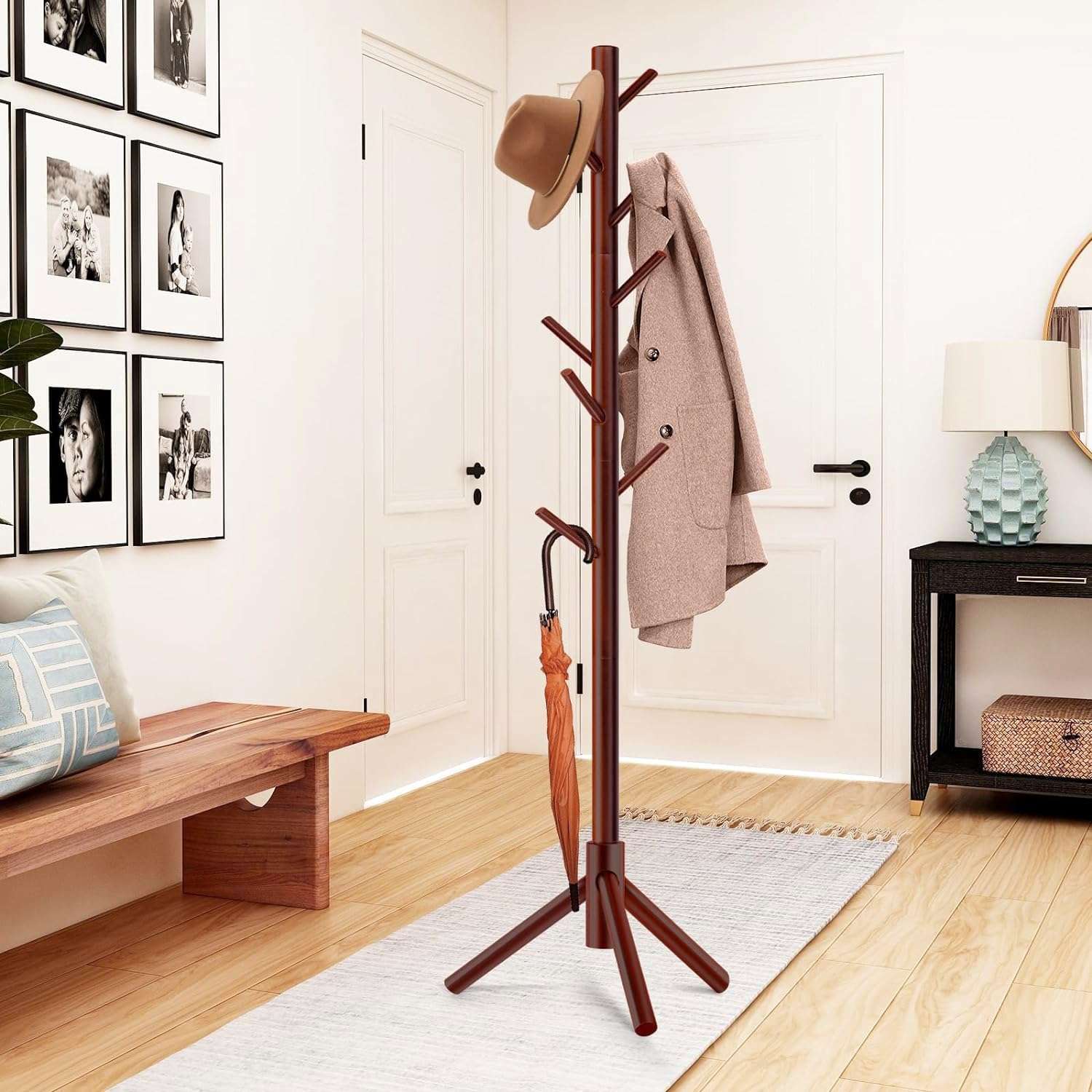 House of Quirk Bamboo Coat and Hat Rack 8 Hooks Coat Stand Clothes Rack Solid Feet for Clothes Scarves and Hats DIY- Do-it-Yourself Rack (Dark Brown) 6
