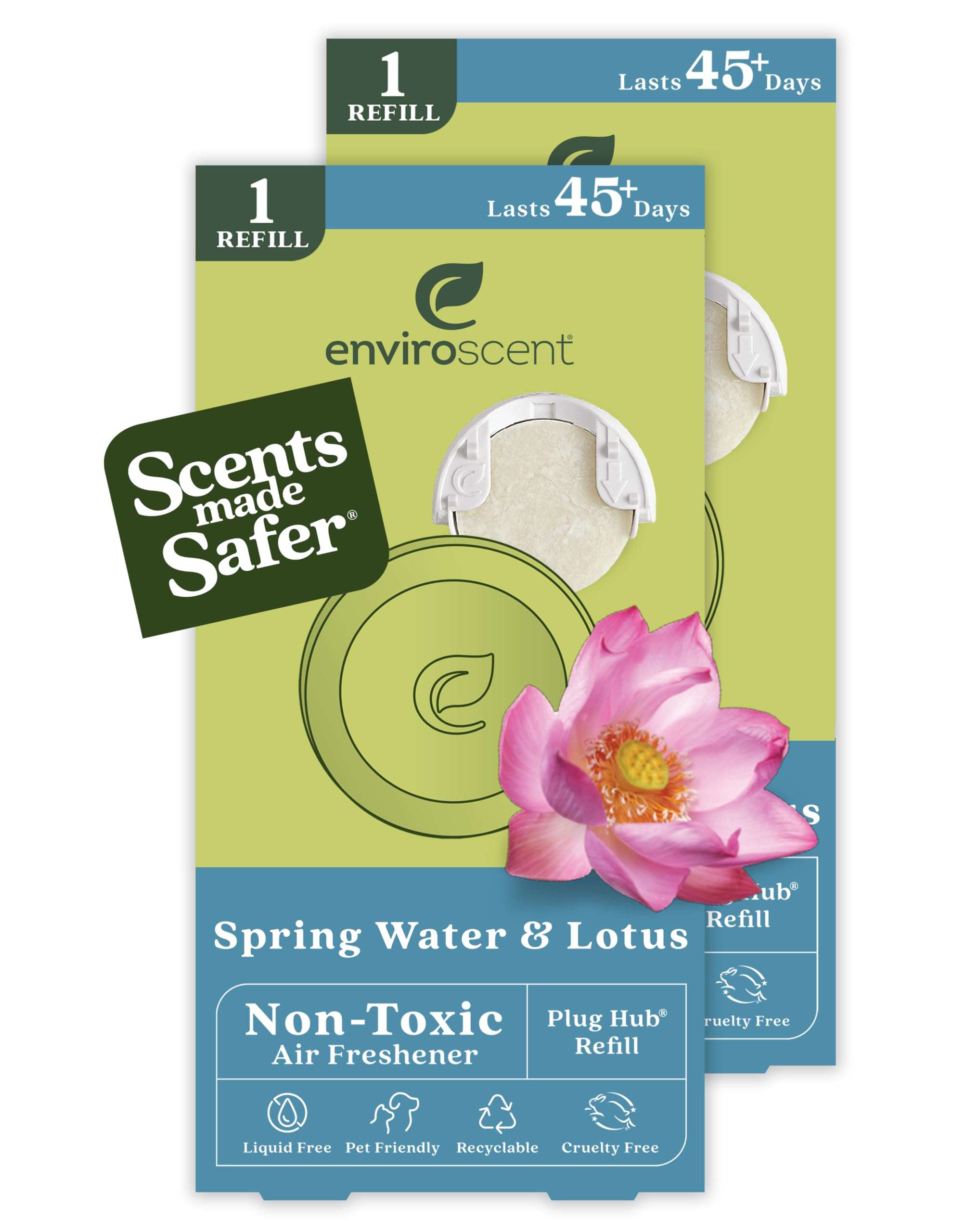 Enviroscent Non-Toxic Air Freshener Refills (Spring Water & Lotus) Plug-in Air Freshener for Home | Essential Oil Plug In Refills | Home Fragrance Last Over 90 Days |2 Liquid Less Scent Pod Refills 1