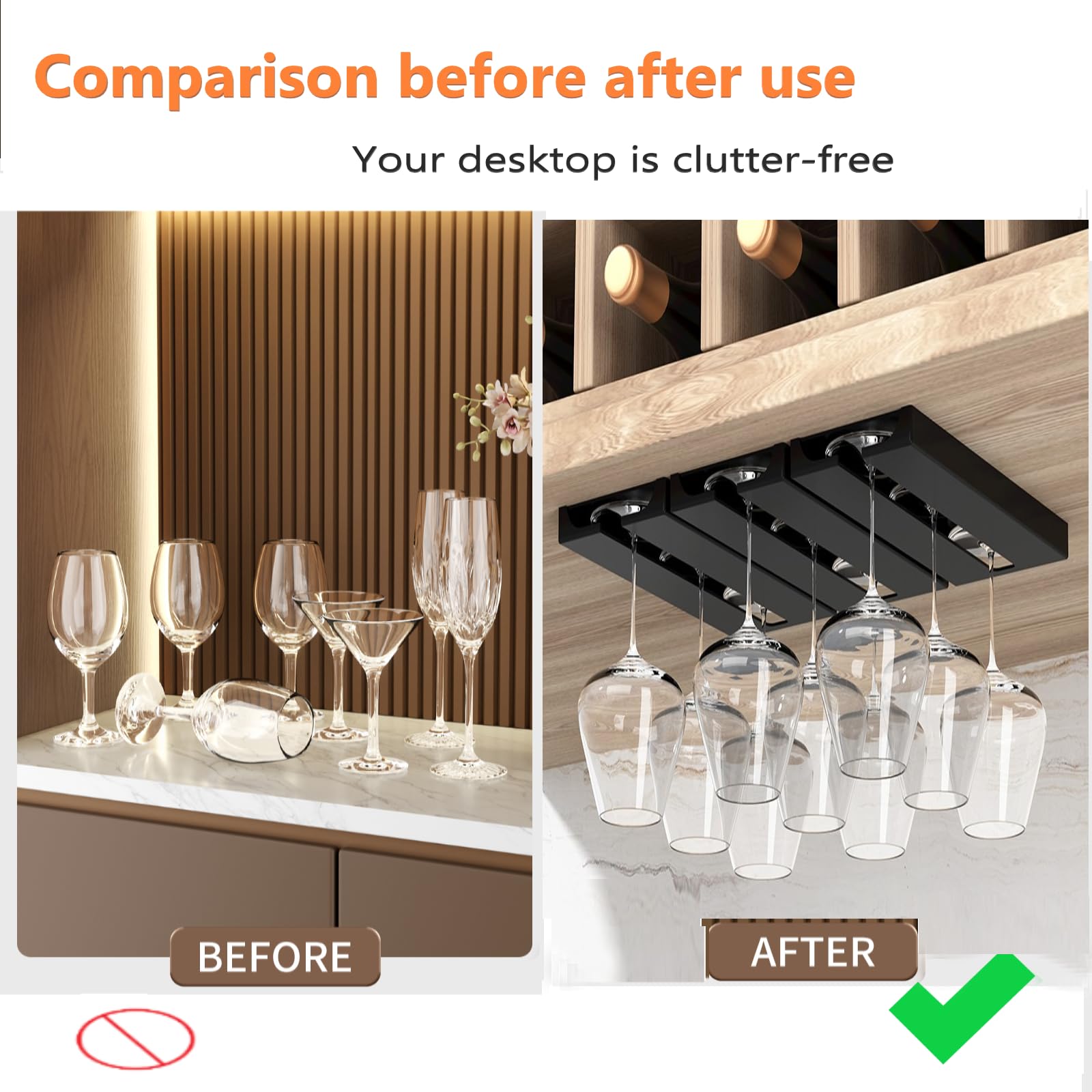 DMOKJER Wine Glass Holder,2 Pack Wine Glass Rack Punch-free Under Cabinet，Plastic Stemware Holder Glasses Storage Hanging Organizer for Kitchen and Bar (‎Black-2Pack) 5