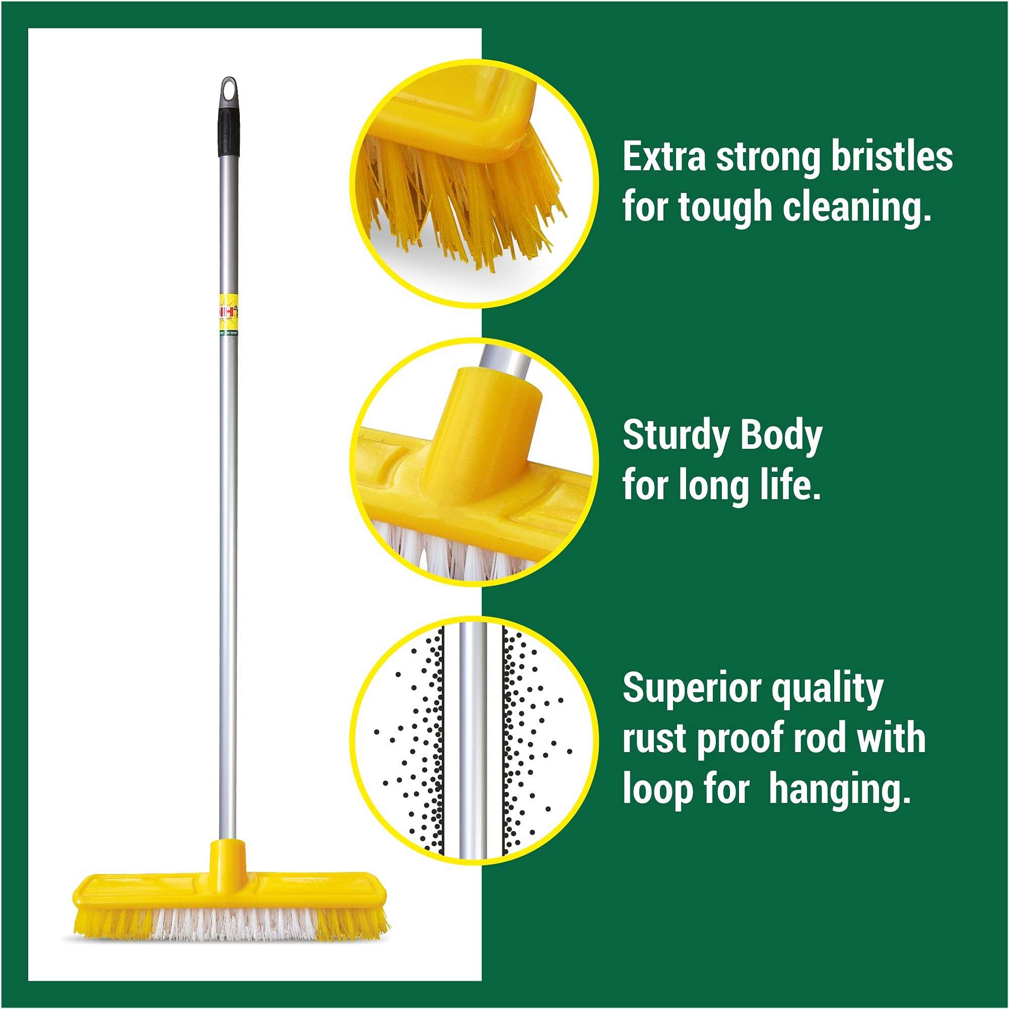 HIC Floor cleaning Brush Tuffy Brush with tough bristels with plastic coated long sturdy rust proof rod for all kind of floors Cleaning Brush Home Washing Comfort Grip Soft Bristles Heavy Duty Deep Scrub for Tile, Bathroom, Kitchen (Standard Size Multicolored) YI-077 (Pack of 6) 4
