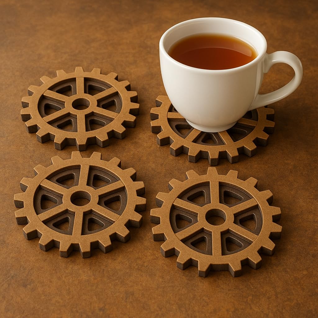 MAYUMI Coaster Set of 4 | Gear Cutwork Design | Wooden Coasters to Serve Tea Cups, Coffee Mugs and Glasses (9cm X 9xm)(Ecofriendly)