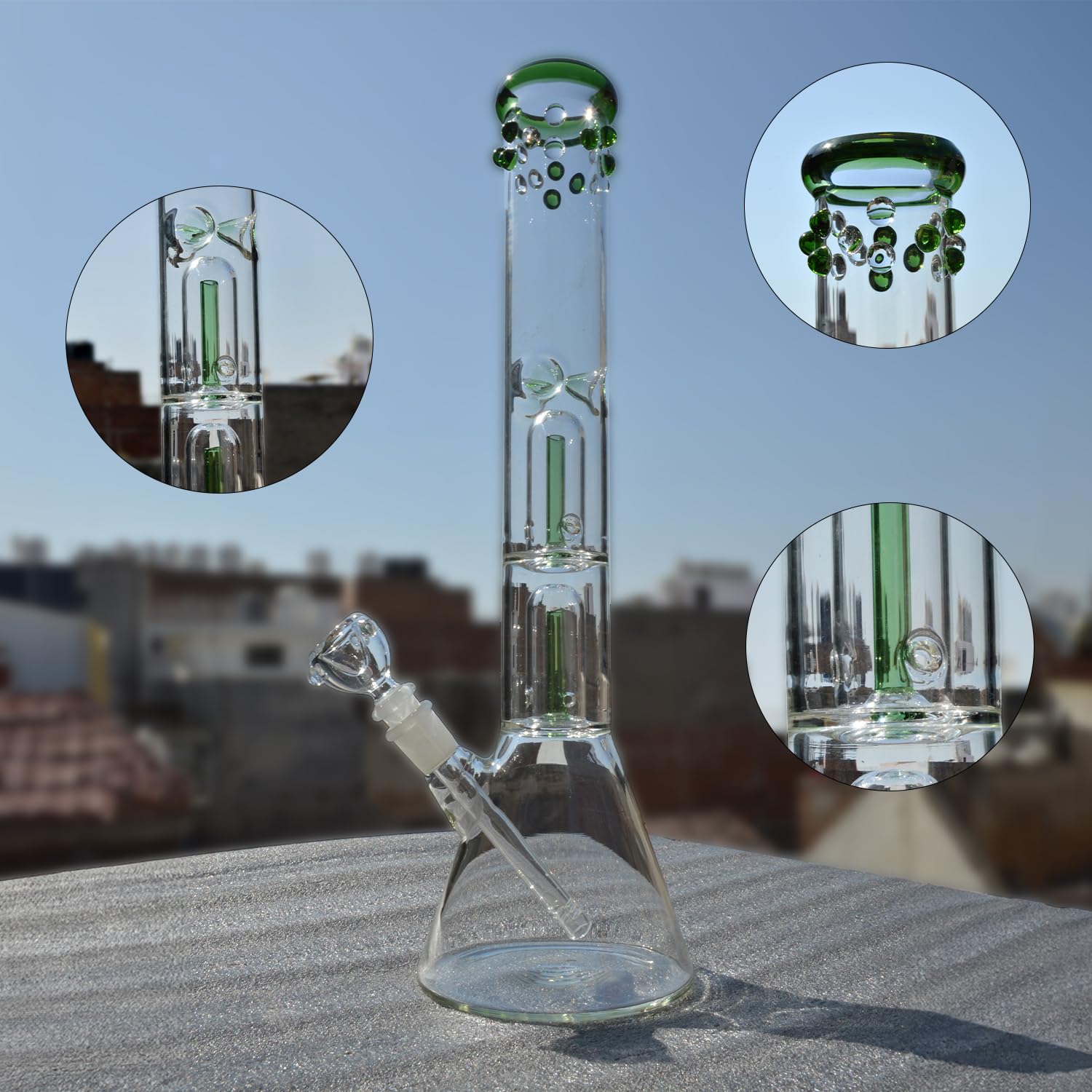 AL - Rasta Borosilicate Glass Banta Double Percolator Bong (16 Inch 50mm) + Free Glass Filters + 1 Brush + 1 Down Stem + 1 Herb Cap + Bong Cap Silicone Plug 5