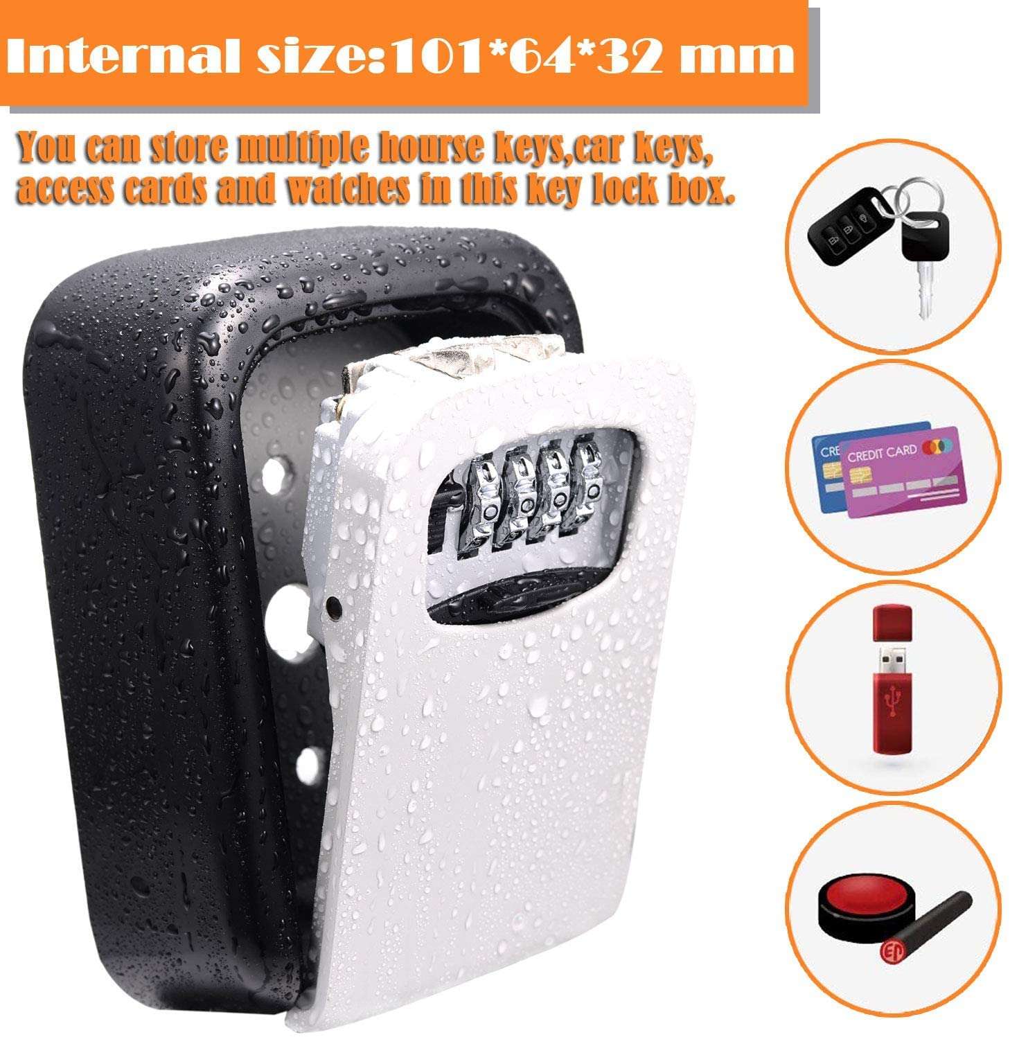 PREMVATI Security Key Lock Box, 4-Digit Combination Waterproof Portable Key Storage Lockbox Wall Mount 5 Key Large Capacity for House Key, Special Car Key, ID Card, Rectangle shape, Black & Silver 4