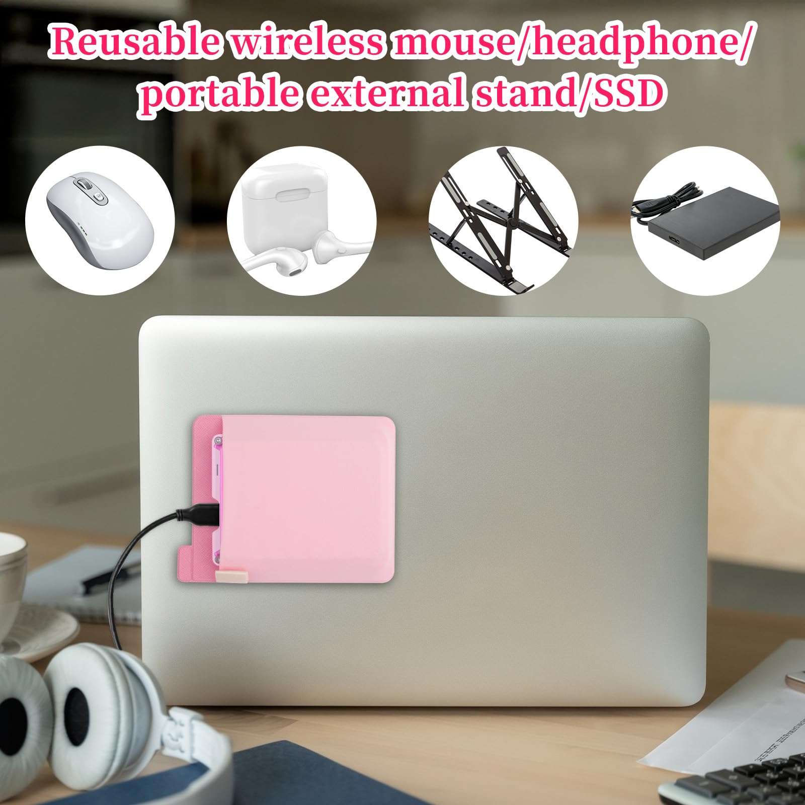 Portable Hard Drive Sleeve for Laptop, 2 pcs Stick-on Mouse Pouch,Adhesive Pouch Holder for Computer Accessories, Reusable Mouse Headset Storage Bag for Portable External USB Cable,Mouse 6