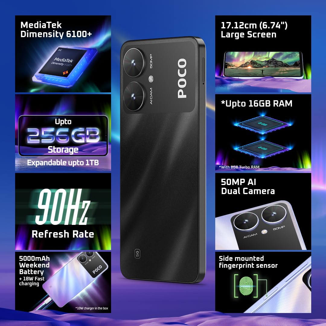 POCO M6 5G (Galactic Black, 4GB RAM, 64GB Storage) | MediaTek Dimensity 6100+ 5G Processor | 5000 mAh Battery + 18W Fast Charging | 50 MP AI Dual-Camera System & Side Fingerprint Sensor 3