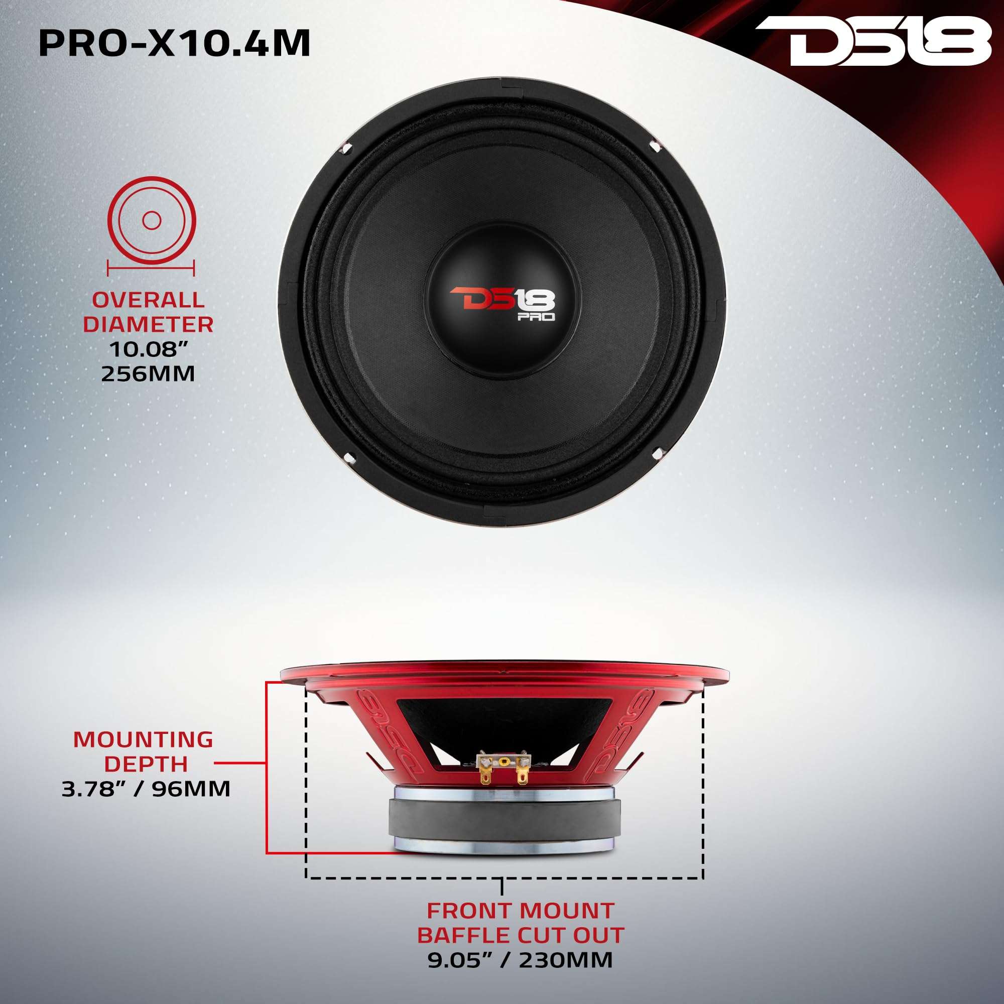 DS18 PRO-X10.4M Loudspeaker - 10", Midrange, Red Steel Basket, 600W Max, 300W RMS, 4 Ohms - Premium Quality Audio Door Speakers for Car or Truck Stereo Sound System (1 Speaker) 3