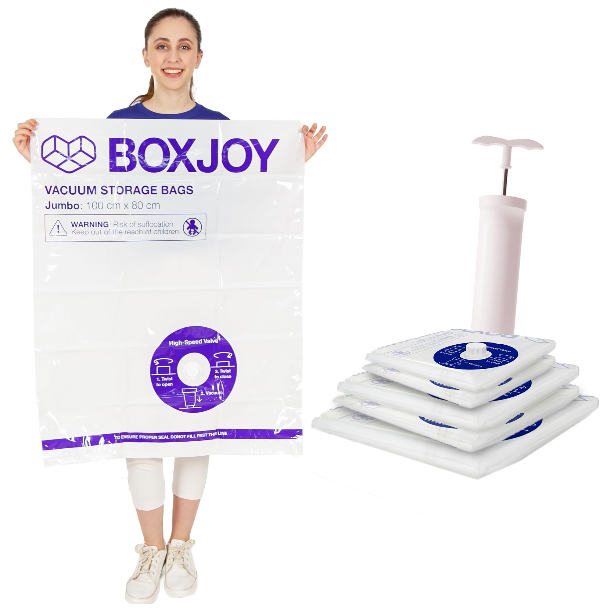 BOXJOY 1 JUMBO 2 LARGE 2 MEDIUM Transparent Vacuum Storage Bags for Travelling | Packing Winter Clothes Blanket Pillows Cloth | Space Saver Vaccine Compression Bag with Travel Vaccum Pump | Pack of 5 1
