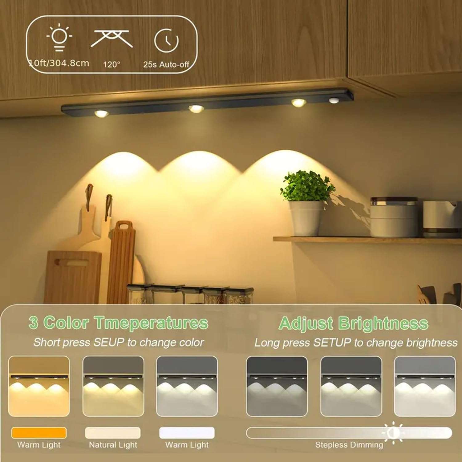 NIRDAMBHAY Motion Sensor Under Cabinet LED, 40 cm,1200mAh Battery,3 Color Modes, Dimmable USB Rechargeable Closet Lamp, Wireless Stick-On for Wardrobe, Kitchen, (Black Cabinet 40CM, 40 CM) 6