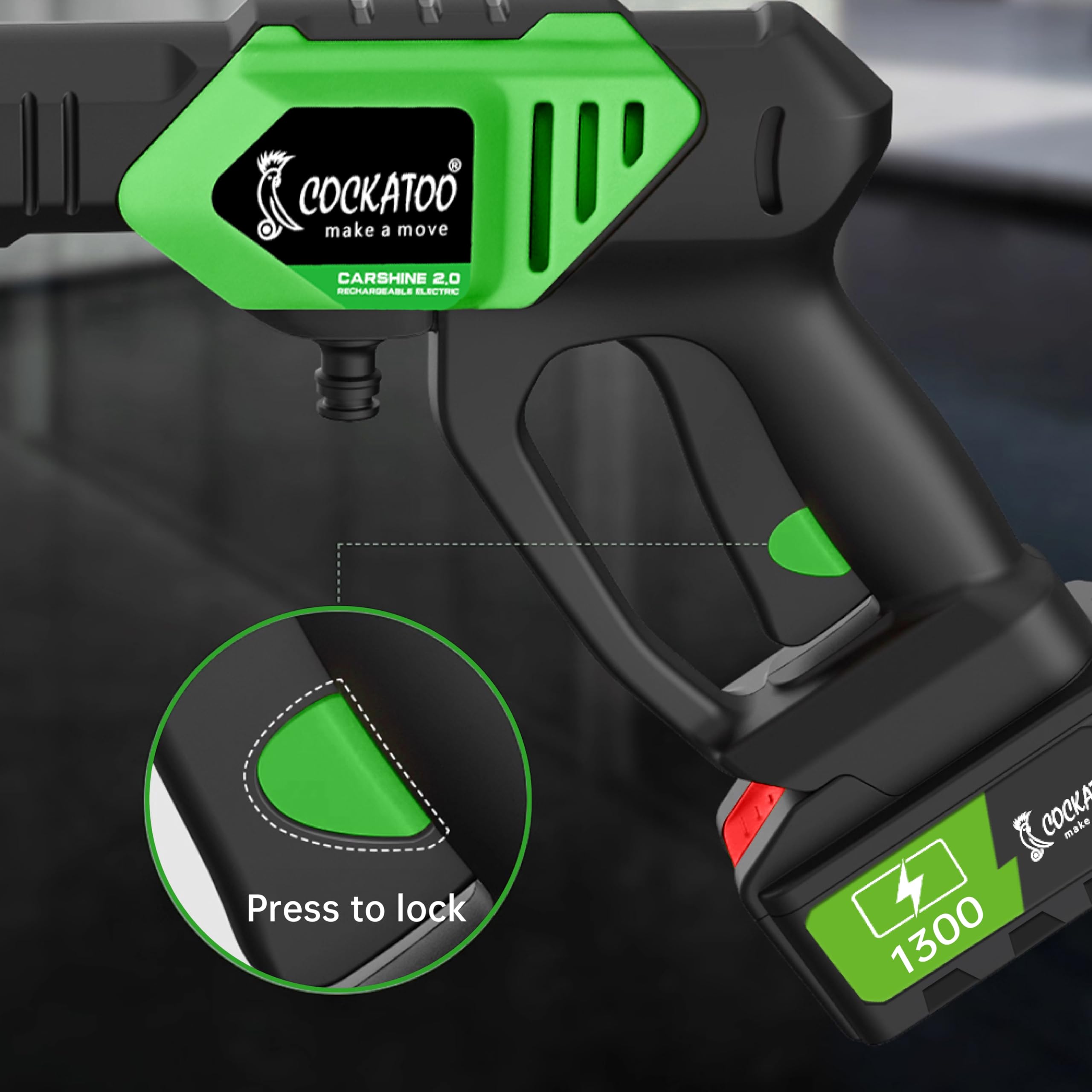 Cockatoo CarShine1.0 Rechargeable Pressure Washer Gun 21V Double Battery 10 Bar Pressure 4L/min Flow Portable Car Bike Garden Cleaner Aluminium Motor Foam Bottle Cordless High Pressure Cleaner 3
