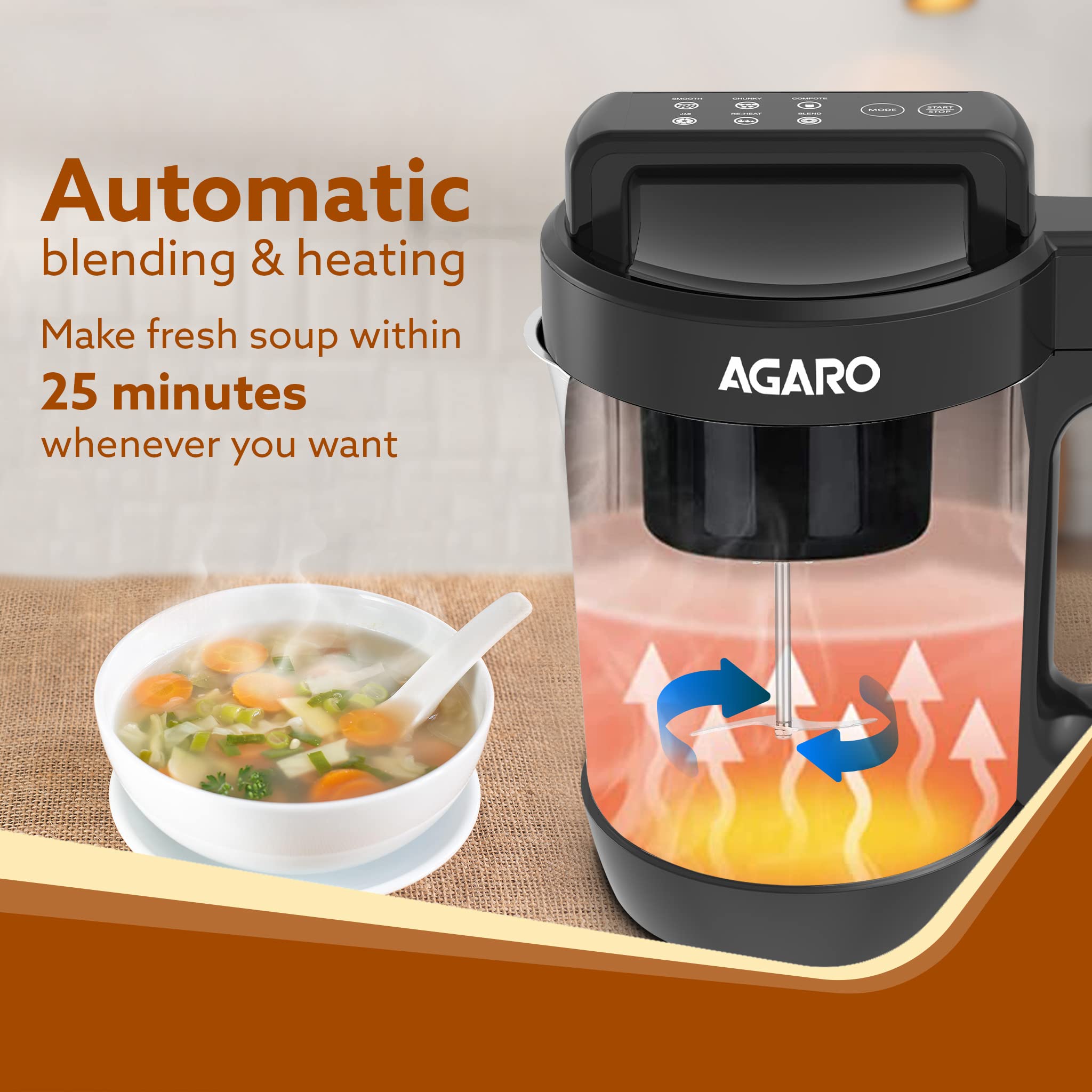 AGARO Elite Soup Maker, 1 Litre, Automatic Blending & Heating,6 Preset Cooking Functions, Copper Motor, Stainless Steel Blades, Grey 4