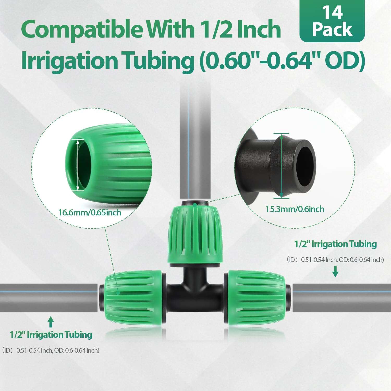 RedChili 14 Pcs 1/2 Inch Irrigation Tubing Tee Fittings, (1/2" ID x0.6-0.65" OD) 16mm Drip Tubing Barbed Locked Nuts Connectors Anti-Drop 1/2" T Parts for Garden Lawn Irrigation System 3