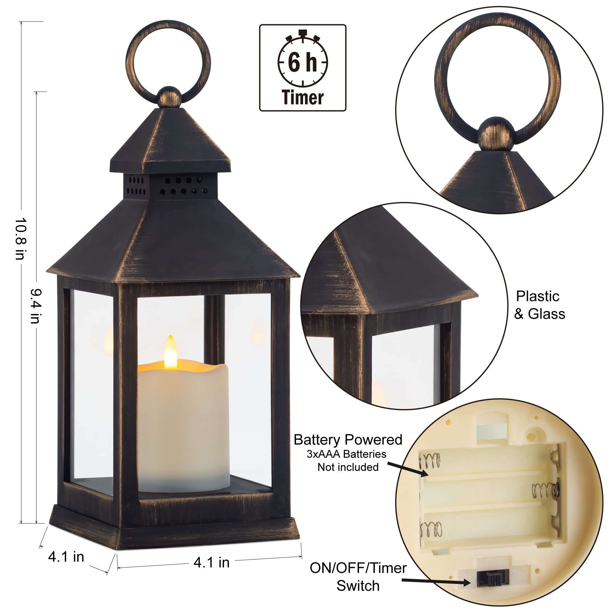 Yongmao Vintage Golden Brushed Black Lantern Decorative LED Flickering Flameless Candle with Timer, Battery Powered LED Decorative Hanging Lanterns for Indoor Outdoor Garden Yard Home Decor(4 Pack) 5