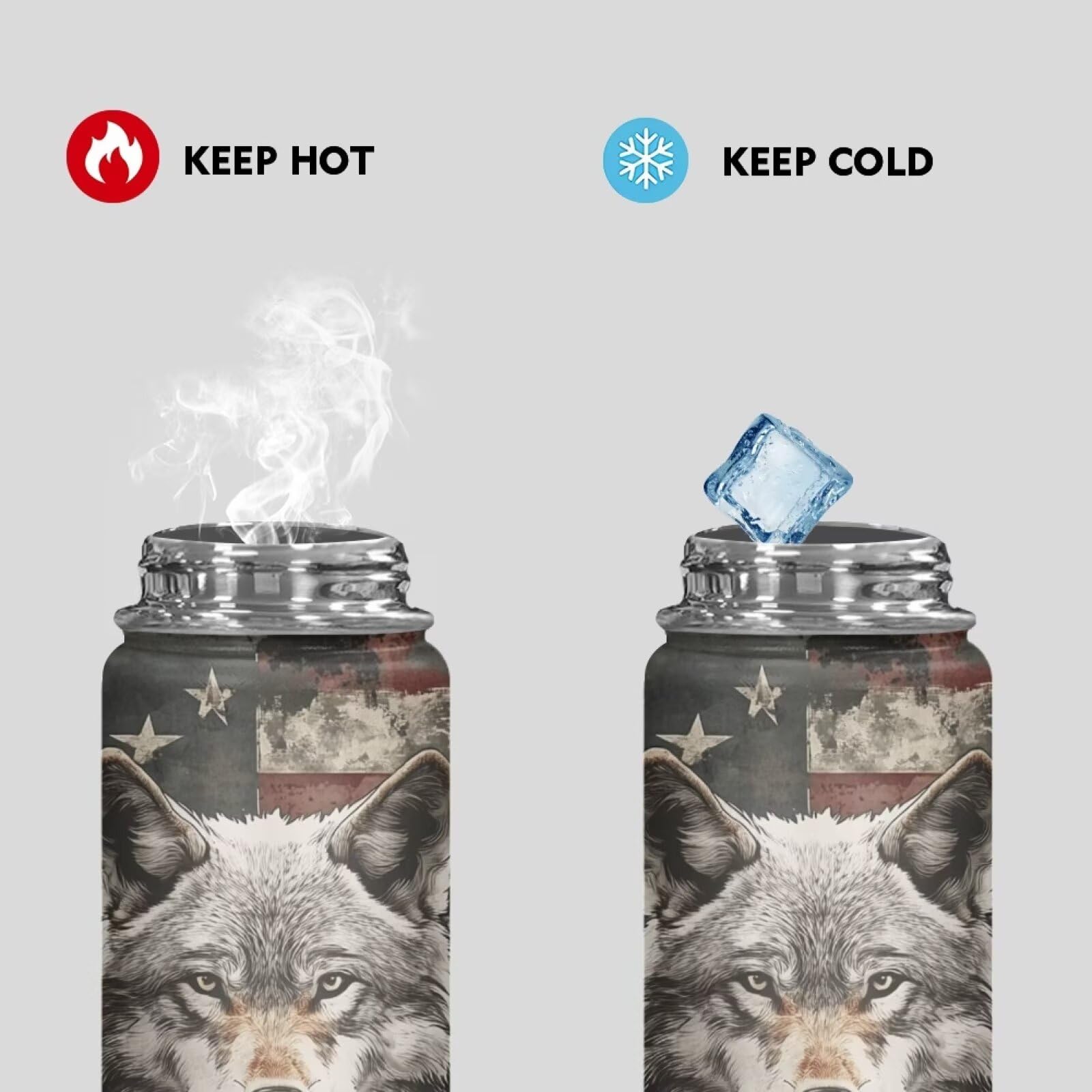 Dolyues Kids Insulated Water Bottle Wolf with American Flag 20oz Stainless Steel Water Bottle Leak-proof Double Wall Vacuum Water Flask for School Gifts for Boys 5