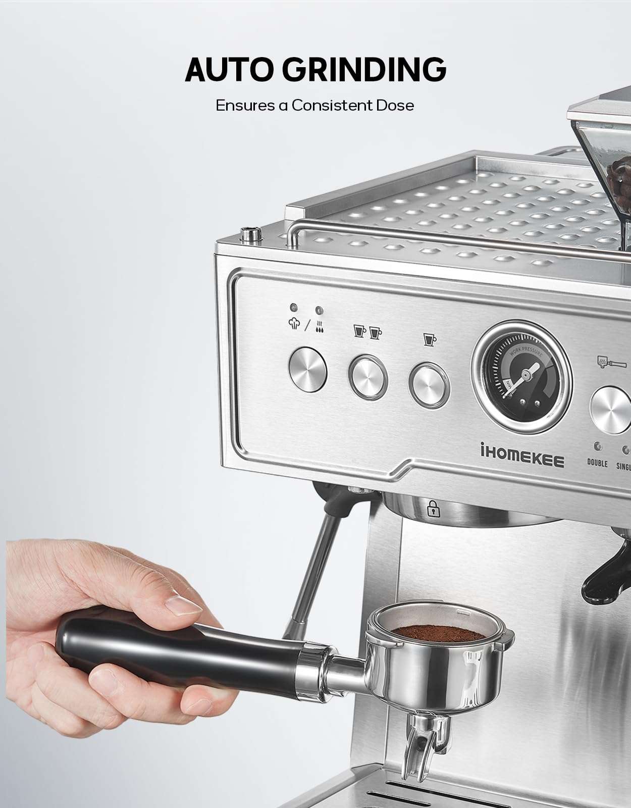 Ihomekee Espresso Coffee Maker With Grinder, 20 Bar Semi-Automatic Espresso Machine With Milk Frother Steam Wand, Professional Cappuccino Latte Machine For Home, Office, Brushed Stainless Steel 5