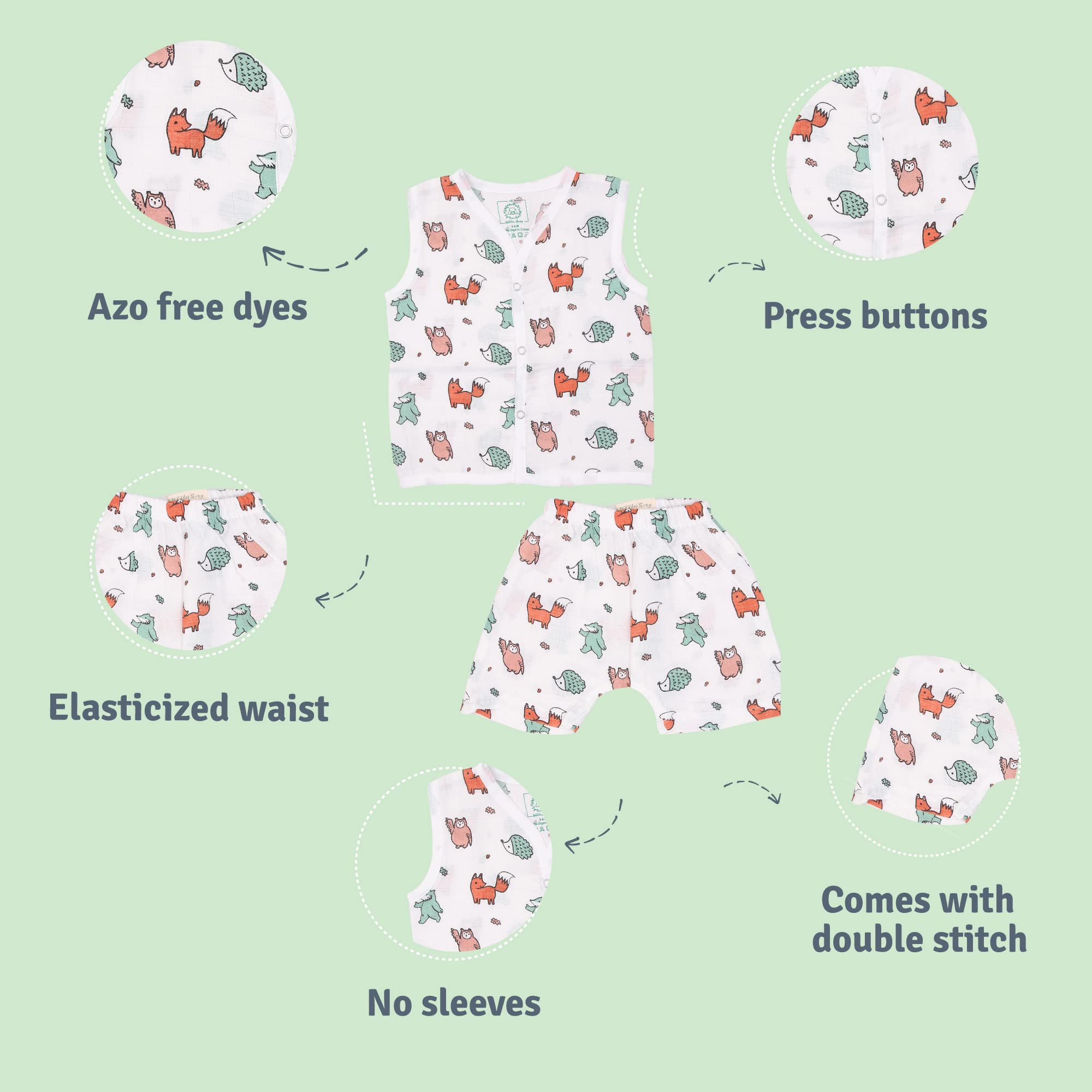 A toddler thing - Organic Cotton Muslin Jabla & Shorts | Woodlander | White Jhabla | Size - 0-3 months | For Boys & Girls | Summerwear Jabala | Sleeveless Vest | Baby Products | Casual Clothing 4