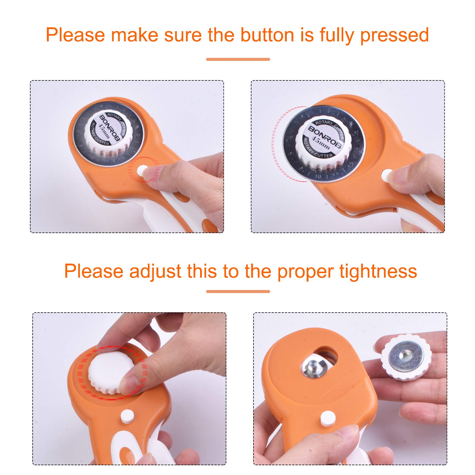 BONROB 45mm Rotary Cutter and Mat Set, Fabric Cutter Quilting Kit with 12x18 Inch (A3) Double Sided Cutting Mat and 1 PCS Replacement Blade for Crafting, Sewing, Patchworking, Knitting BO004 6