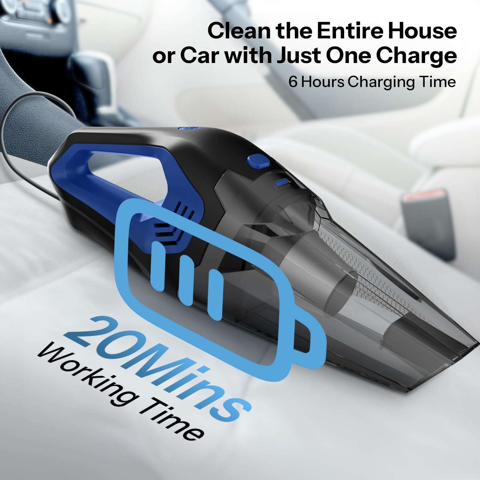 UN1QUE Cordless Car Vacuum Cleaner 2 in 1, 8000Pa Powerful Suction Portable Handheld Vacuum Cleaner for Home and Car with Steel Mesh Filter, 650ML Dustbin, 4 Nozzles, USB Rechargeable (Blue) 6