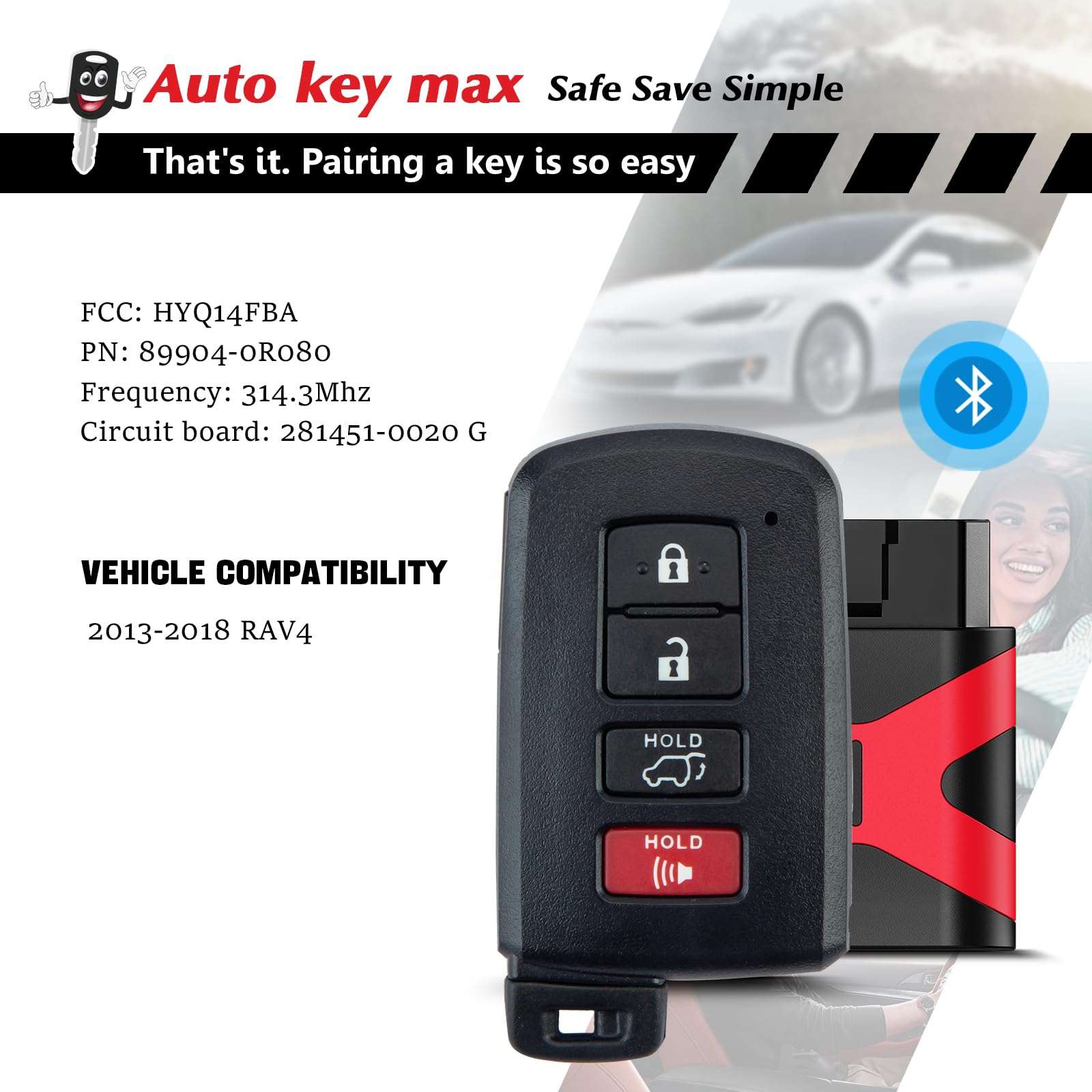 New Smart Car Key Fob Replacement for 2013-2018 Toyota RAV4 Remote FCCID:HYQ14FBA （281451-0020 ） Board;by Auto Key Max (2) 4