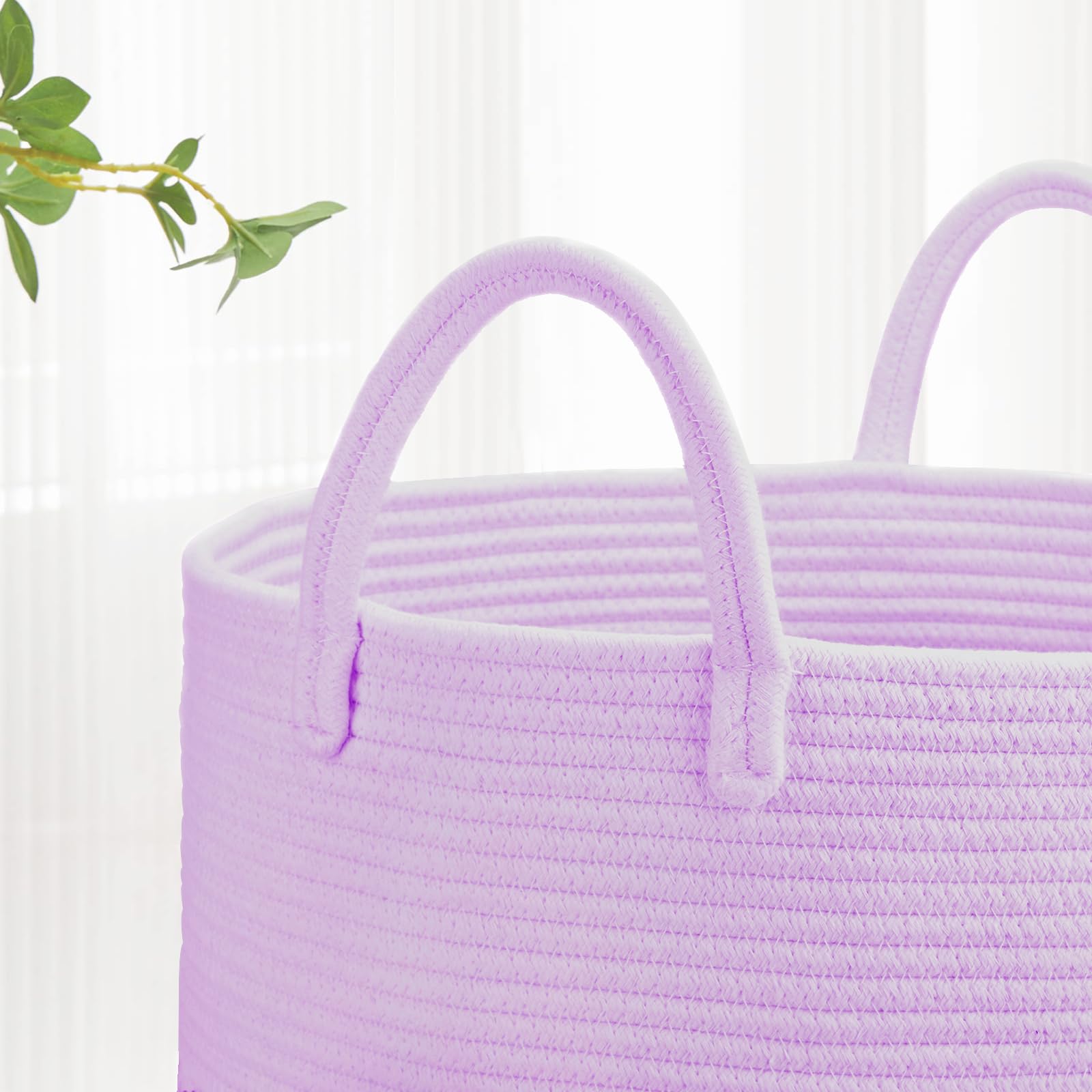 BOSROTY Large Cotton Rope Laundry Hamper 65L, Baby Nursery Hamper Bin with Handles, Woven Storage Basket for Living Room Bedroom, Tall Blanket Basket for Storage Toys Clothes Towels, 16”x 20”, Purple 5