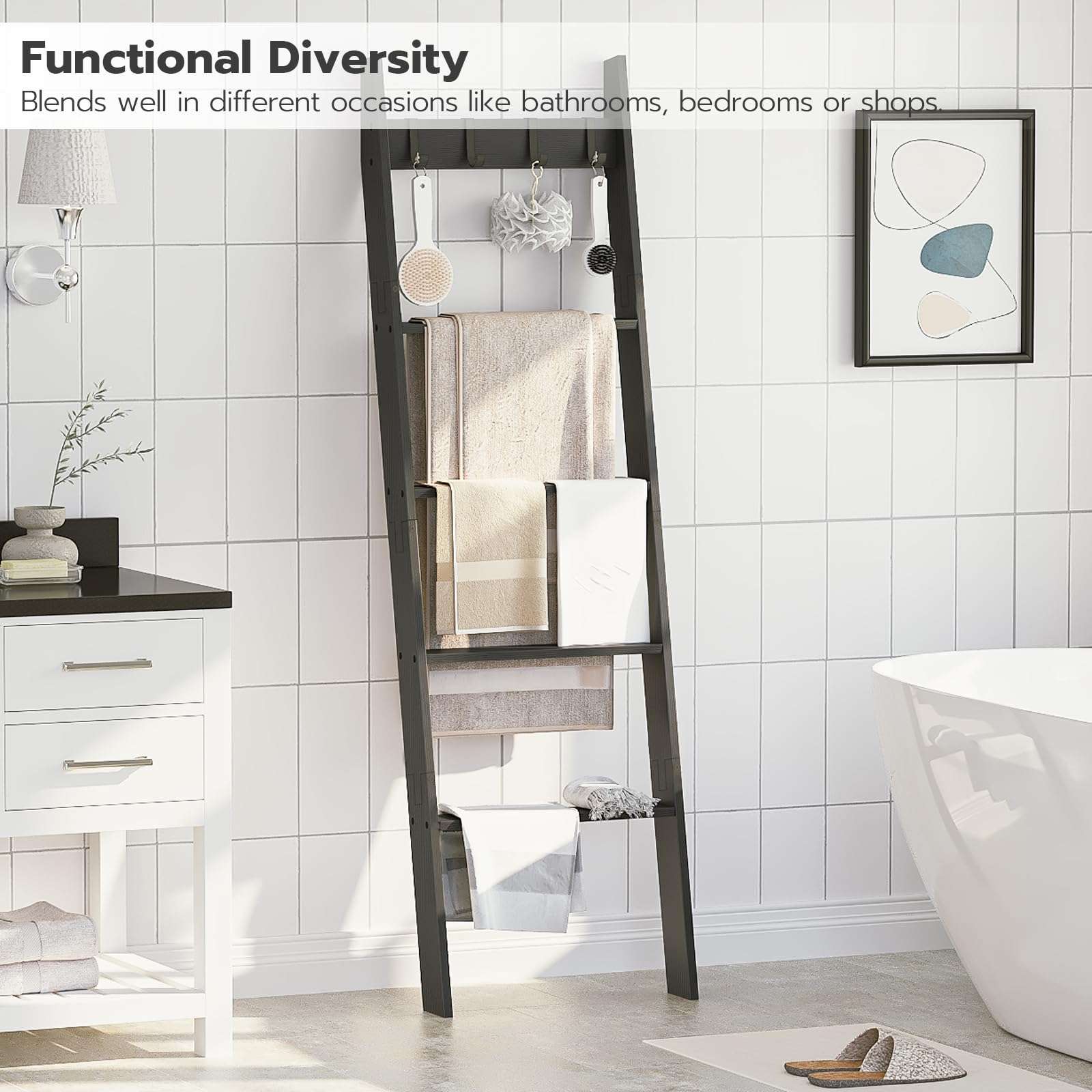 HOOBRO Blanket Ladder for Living Room and Bedroom, 5-Tier Wall Leaning Towel Rack for Bathroom, Decorative Ladder Shelf with 4 Removable Hooks, Farmhouse Blanket Storage, Black BB51CJ01G1 3