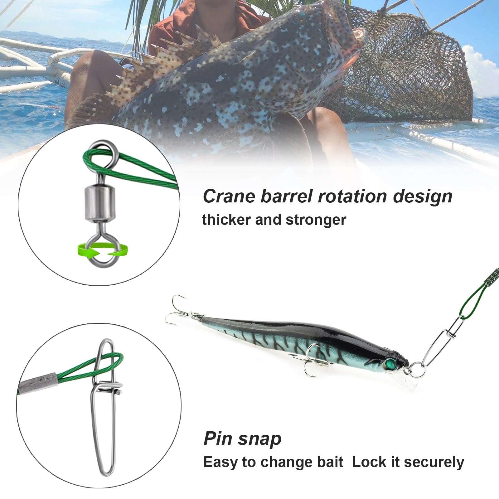 Conskyee Fishing Wire Leaders,150LB 19.7Inch Stainless Steel Leader Line, Saltwater Fish Leaders with Swivels and Snaps Connect Fishing Gear and Tackle, for Lures Bait Rig or Hooks, 10Pcs 5