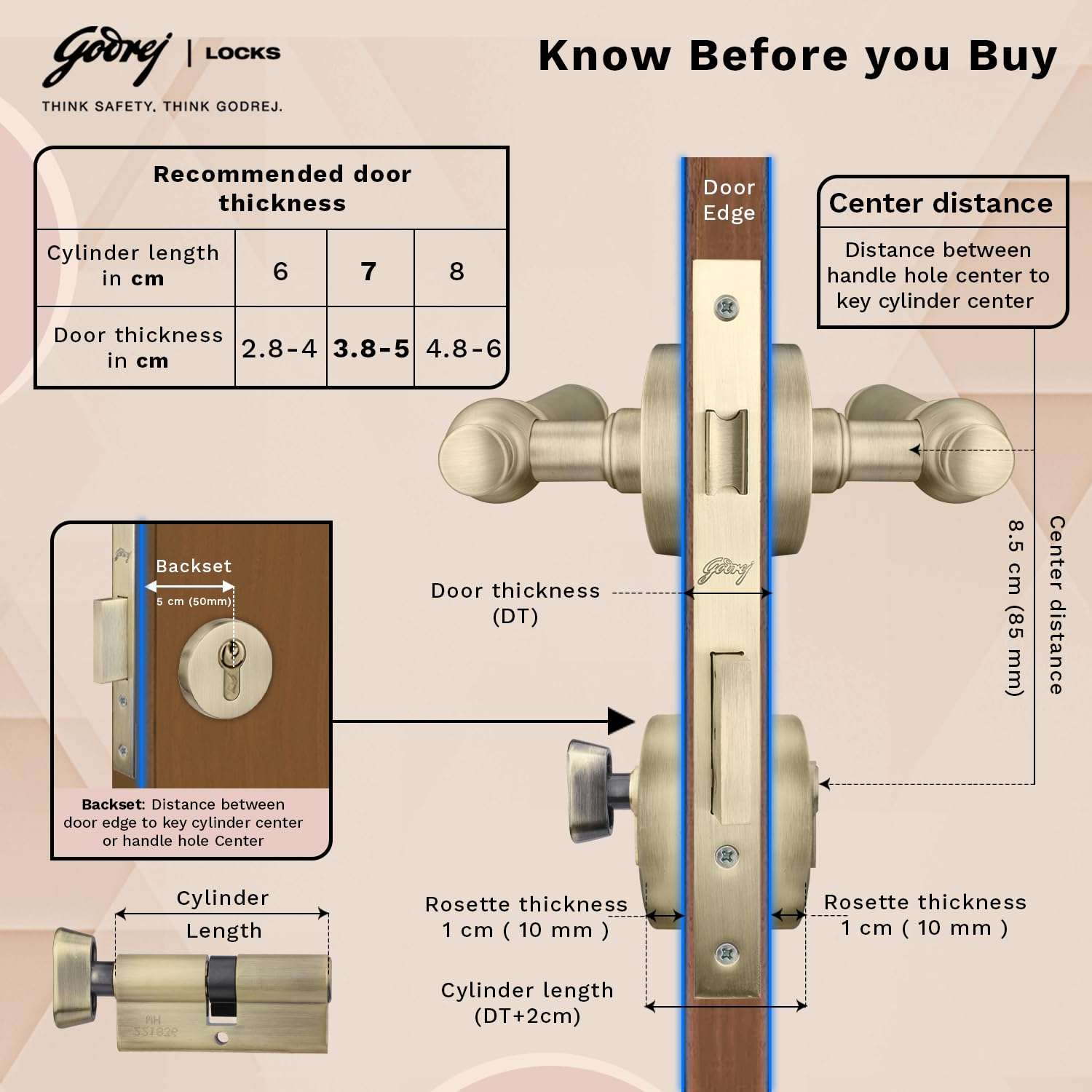 Godrej Mortise Lock|Handle Lock Set for Main & Bedroom Door|HDH 12 Brass Home Décor Handle|Satin Steel Finish|10 inch Lockbody|60 mm Cylinder Key Outside& knob from Inside 4 Keys |5 Years Warranty 5