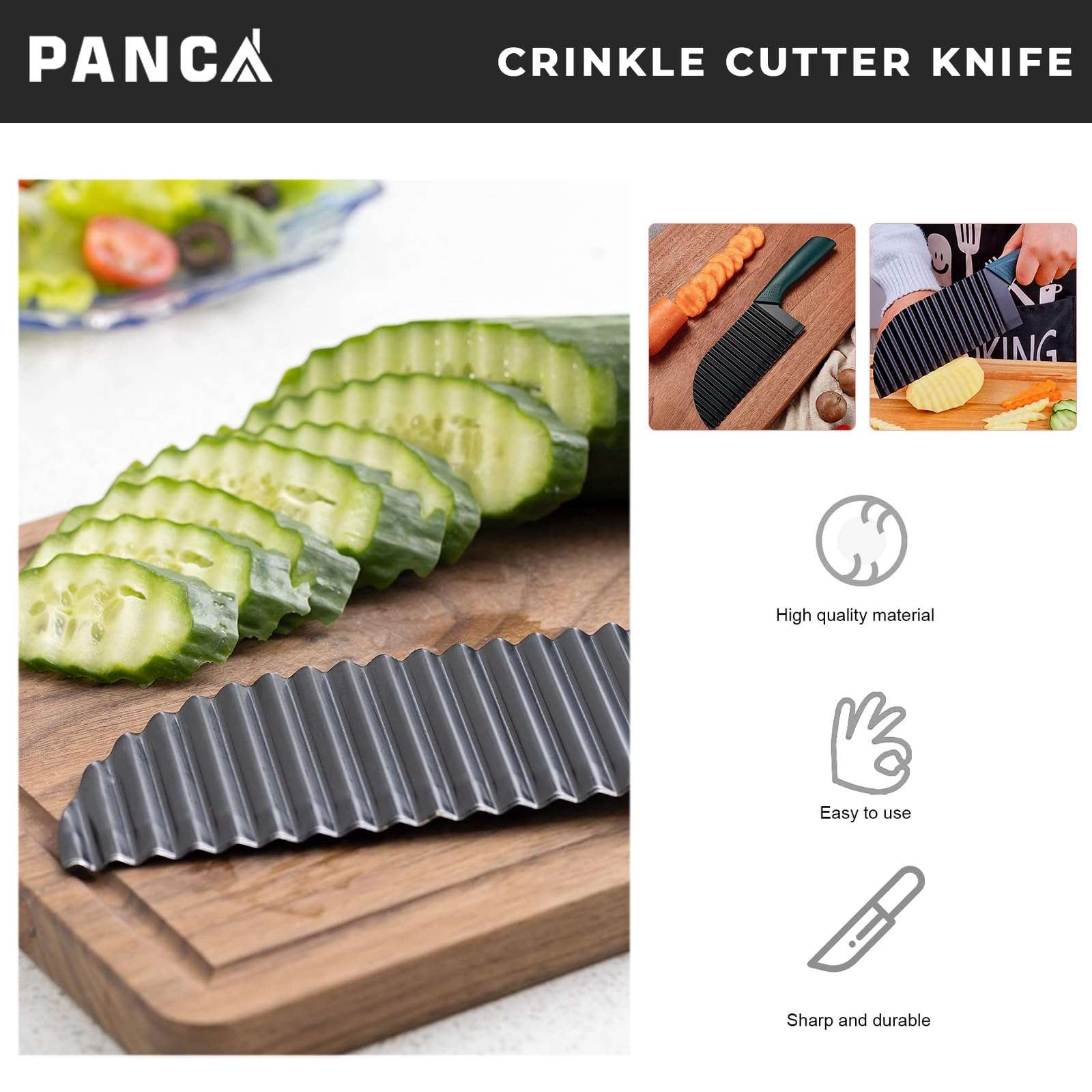 PANCA Multipurpose Crinkle Cutter Knife with Green Handle – High Carbon Stainless Steel Blade | Wavy Vegetable Chopper for Chips, Salad, Fries, Slicing, Dicing & Garnishing – Non-Slip 3